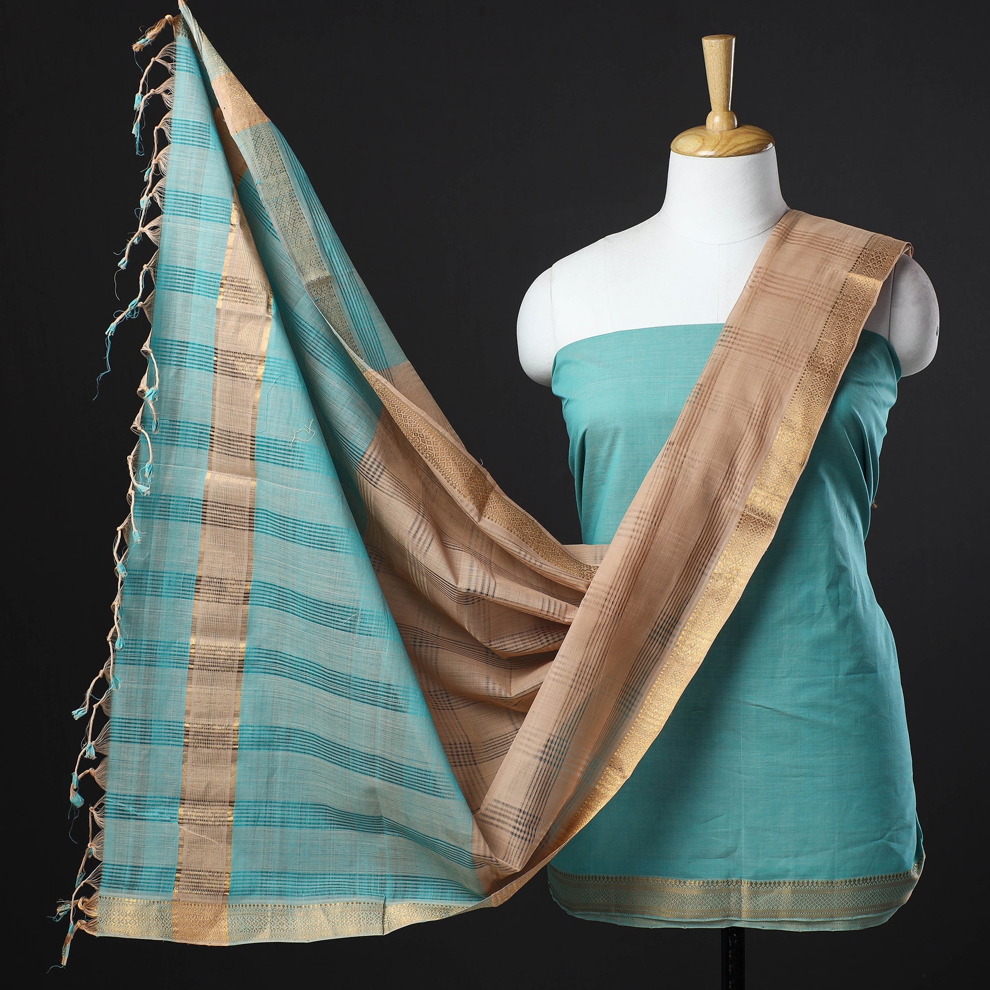 SOUTH KARGHA Aqua Blue - 3pc Handloom Cotton Mangalagiri Dress Material 02