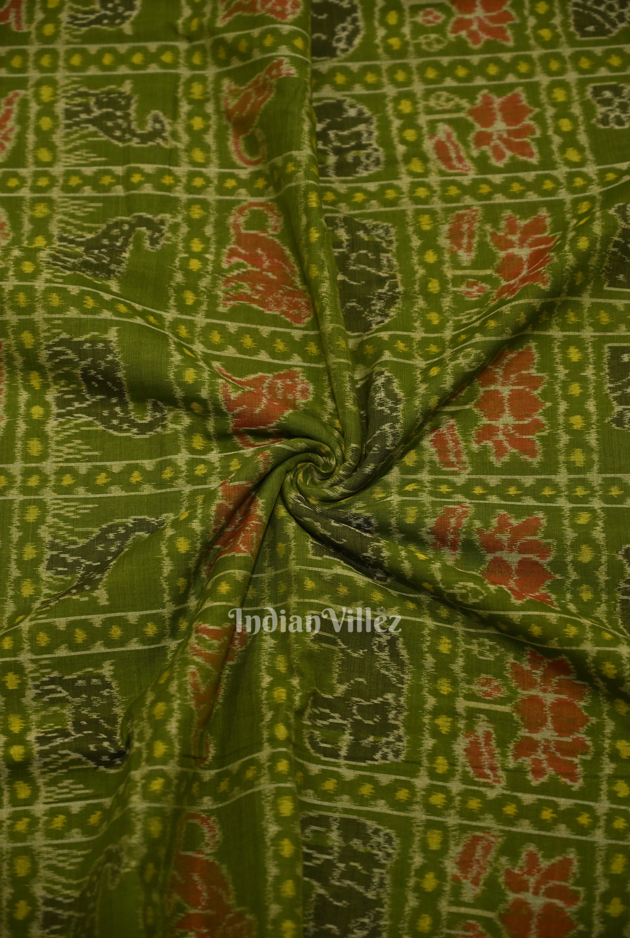 IndianVillèz Green Animal Kothi Sambalpuri Ikat Cotton Fabric