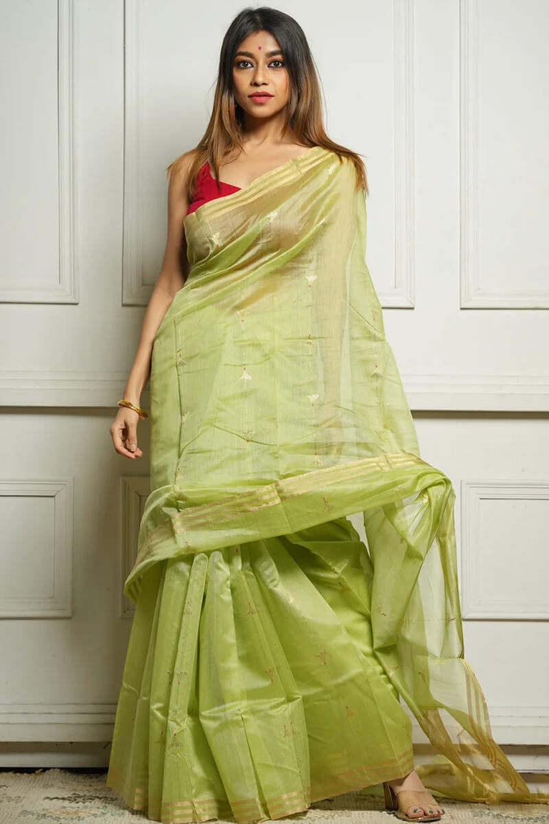 Aayna Deserving Pista Cotton Silk Saree With Demesne Blouse Piece - view 3