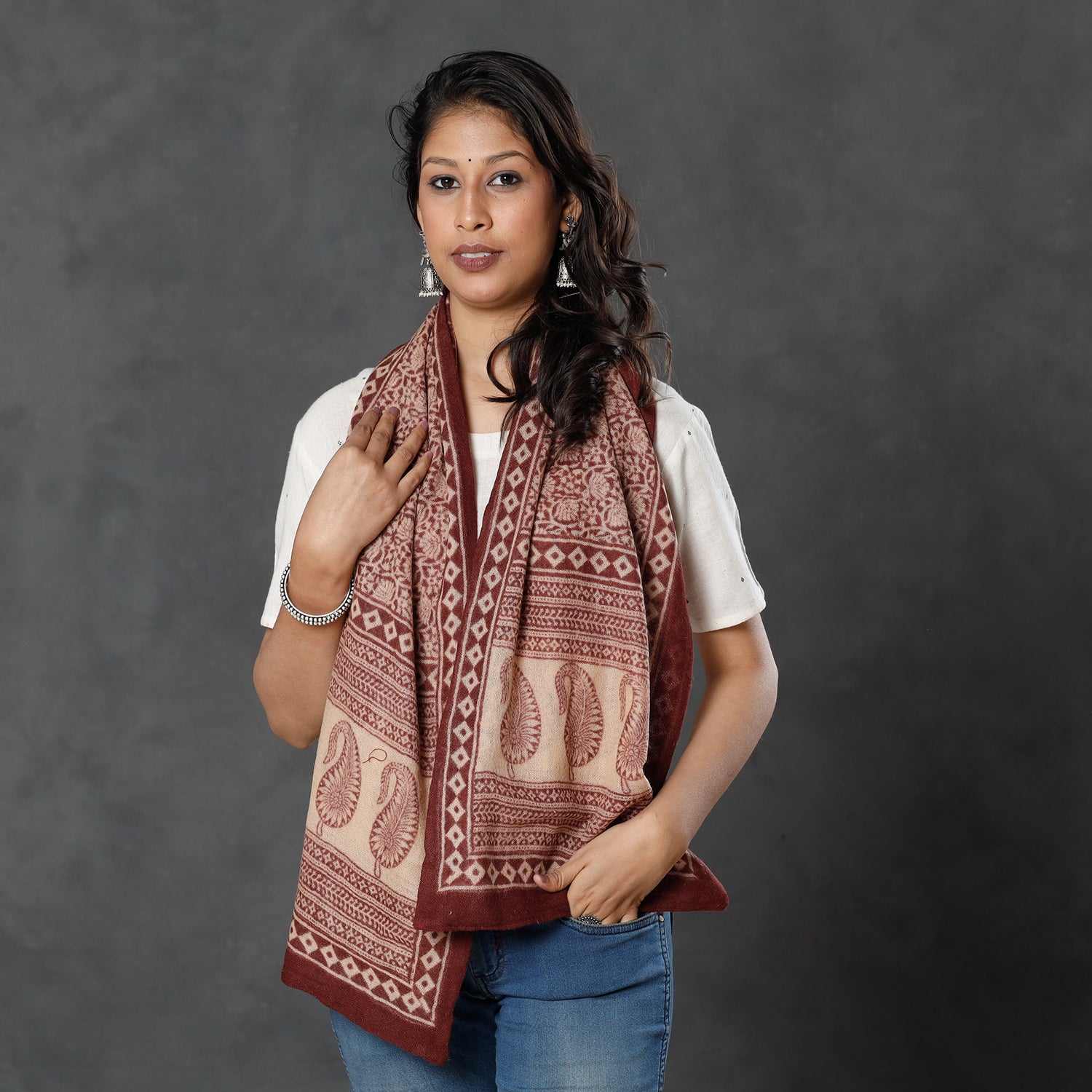 BAGH PRINTS BY MOHAMMED BILAL KHATRI Brown - Bagh Block Printed Natural Dyed Woolen Muffler (61 in)