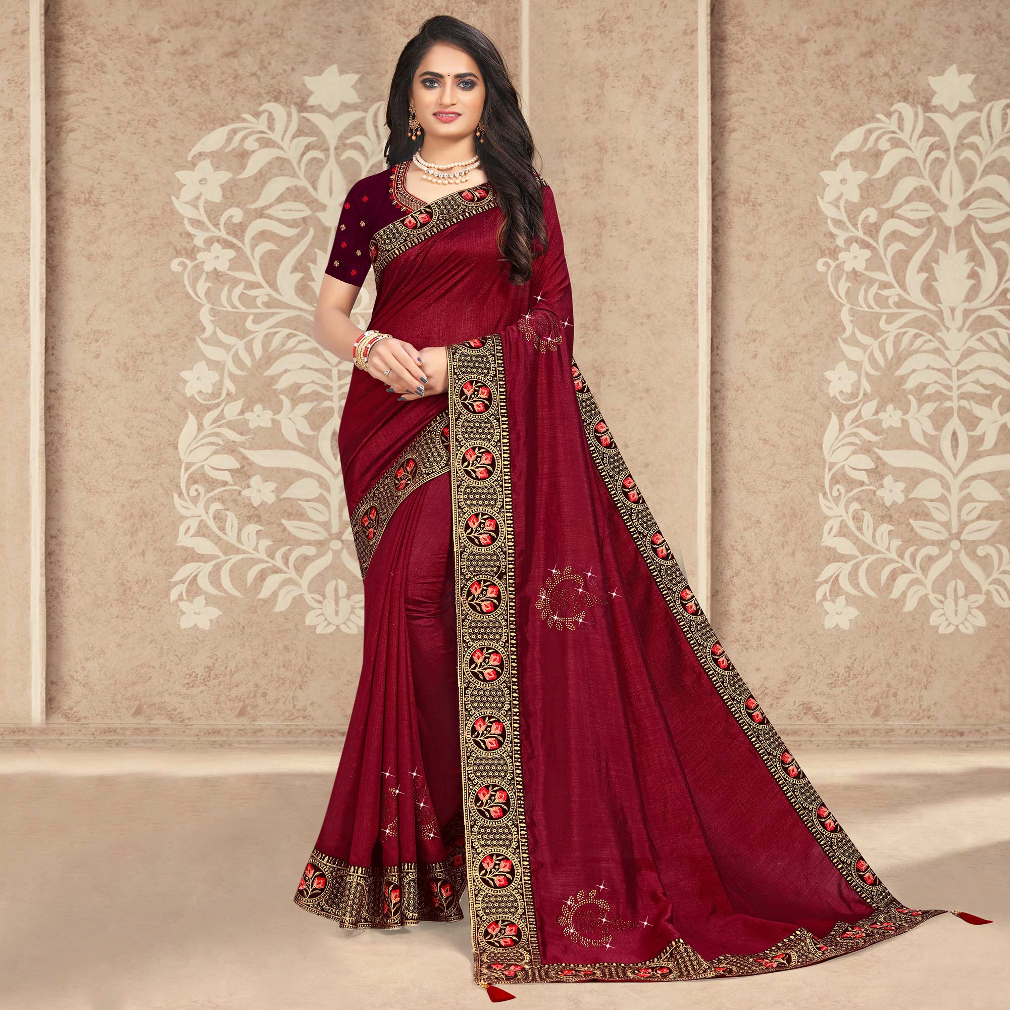 Peachmode Maroon Embellished Vichitra Silk Saree