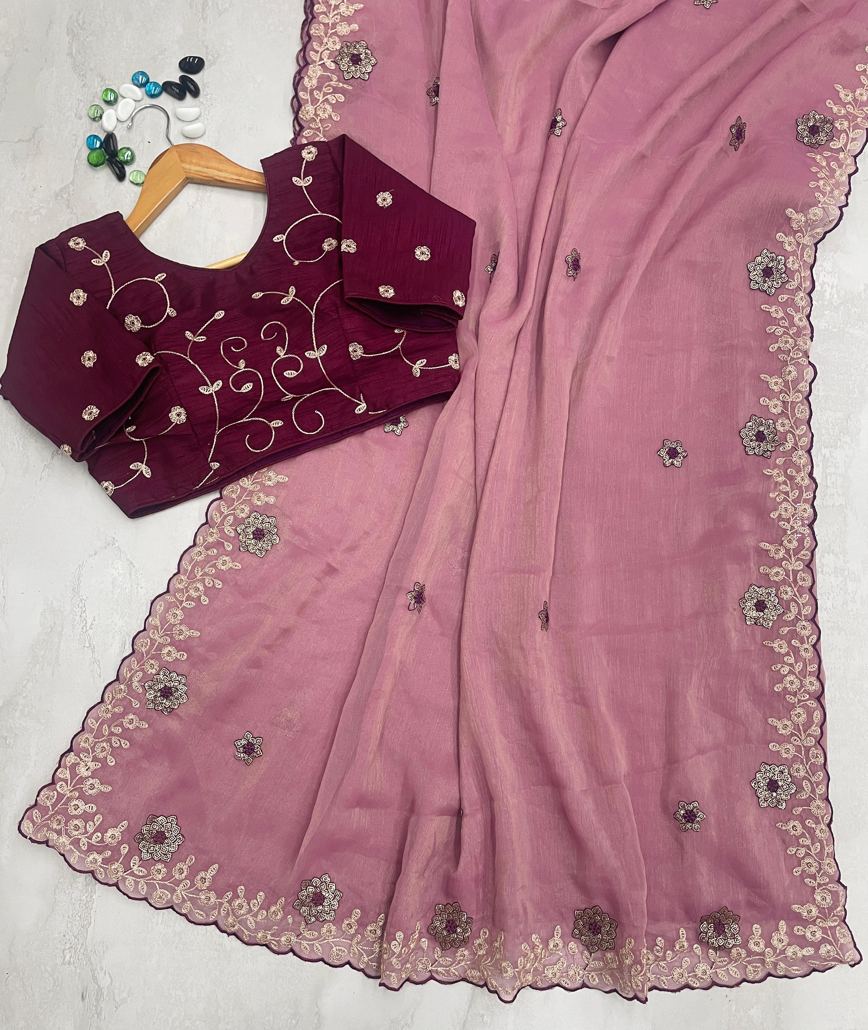 ClothsVilla Peach Kasoli Silk Saree with Beautiful Embroidery and Contrast Thread Work