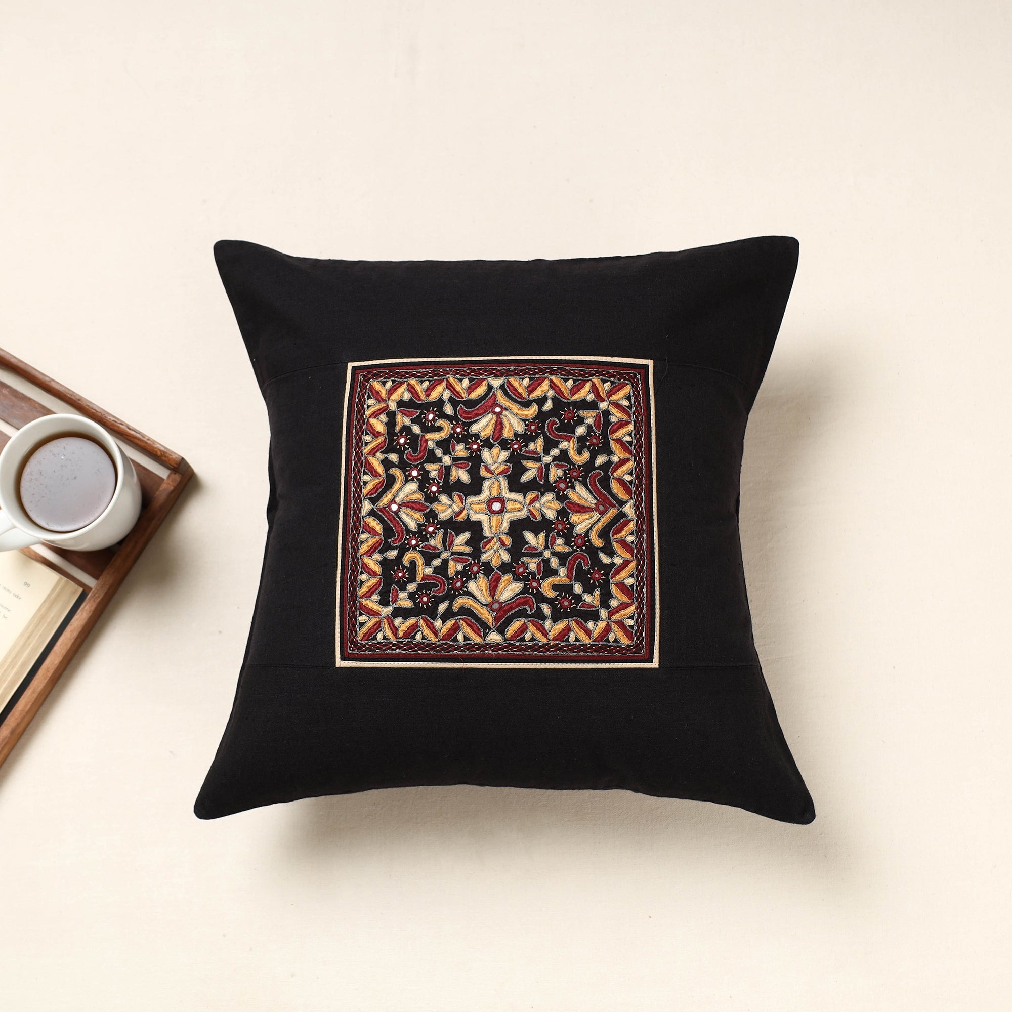QASAB Black - Kutch Pakko Hand Embroidery Cotton Cushion Cover (16 x 16 in)