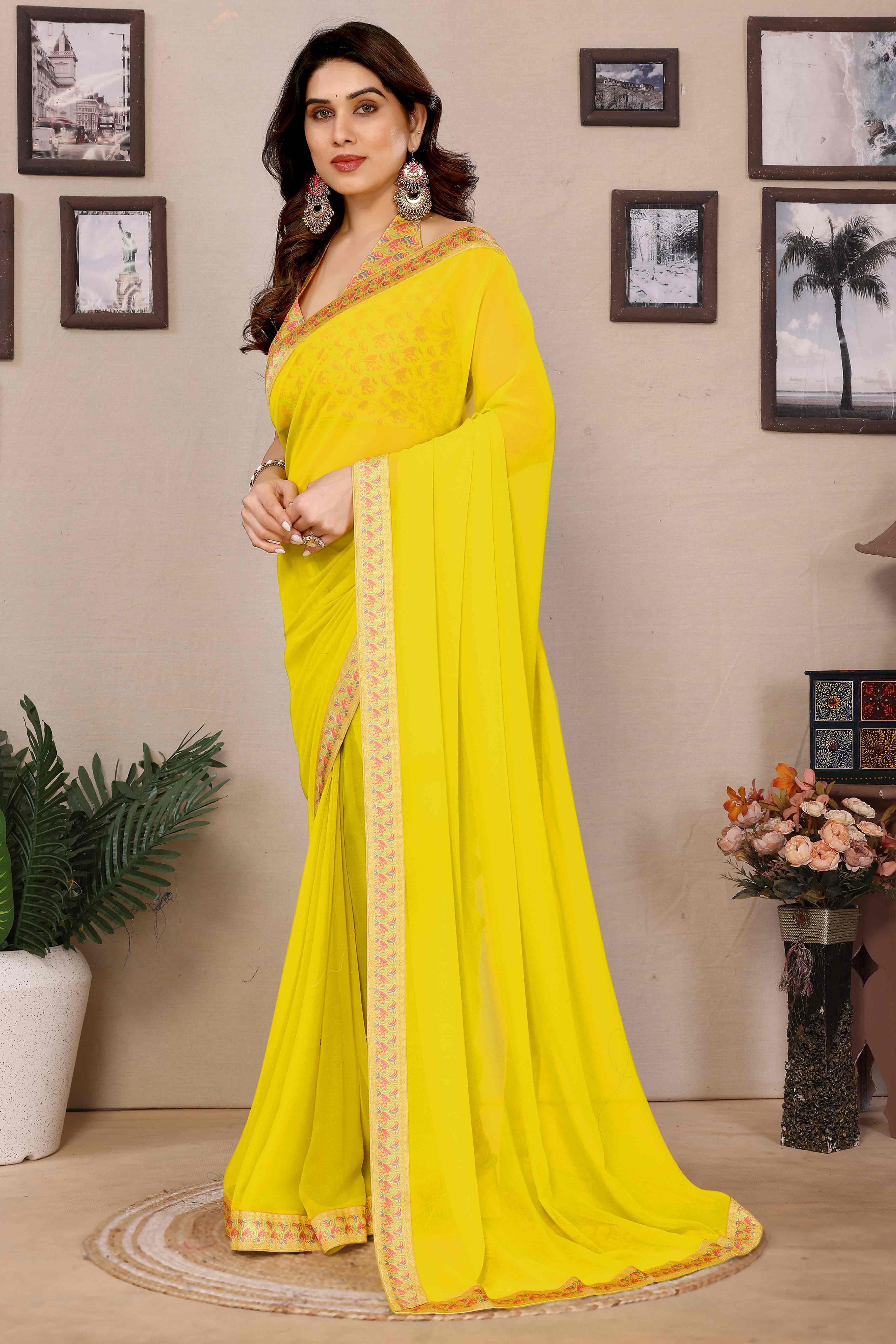 Peachmode Lemon Yellow Solid Georgette Saree With Printed Border