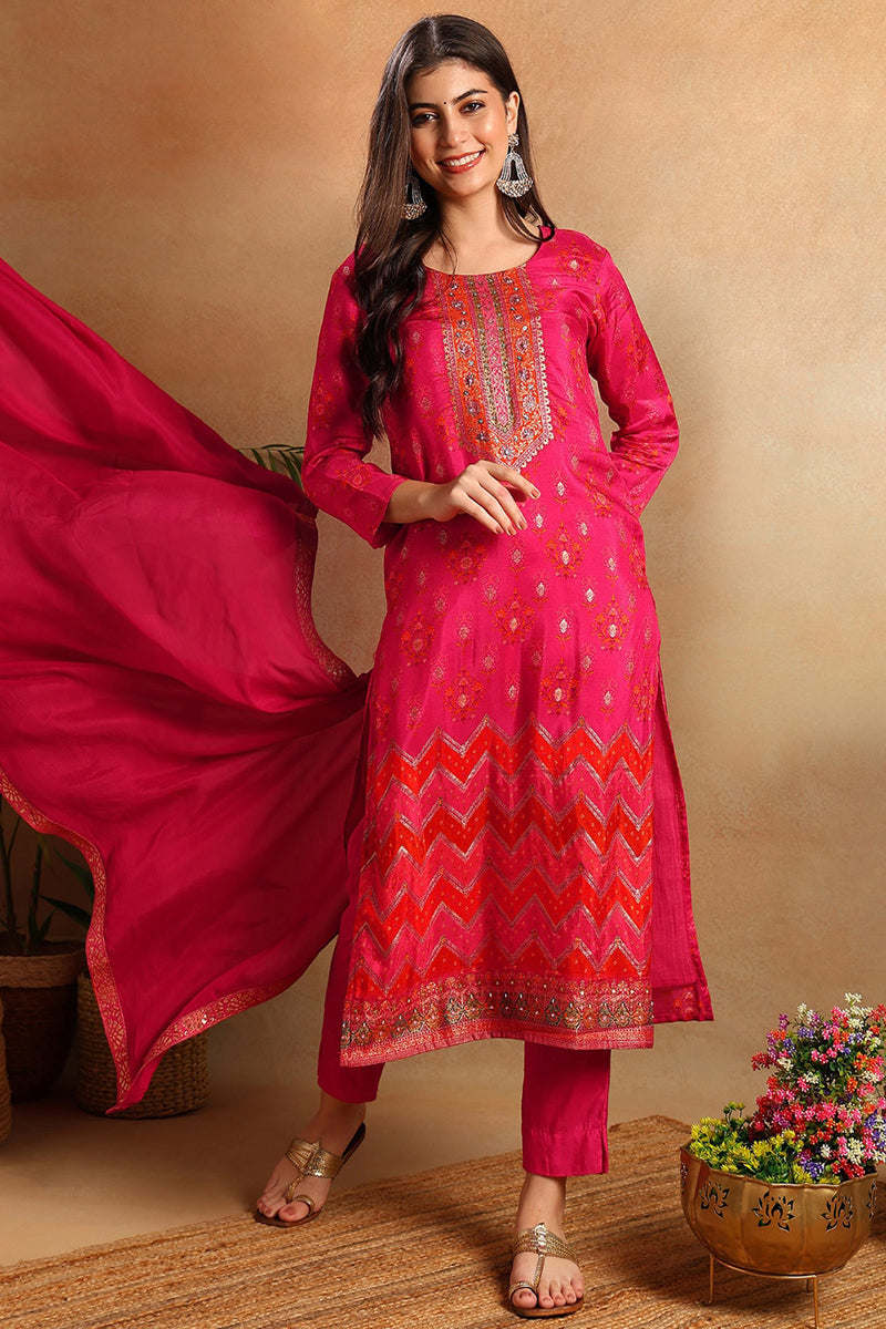 Ahika Pink Silk Ethnic Motifs Woven Design Straight Trouser Suit Set PKSKD2658