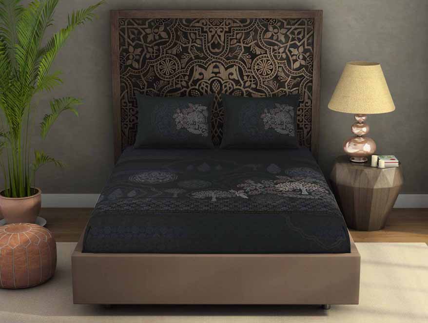 Spaces India Ornate Dark Grey 100% Cotton King Size Bedsheet Rangana Digital - By Occasions