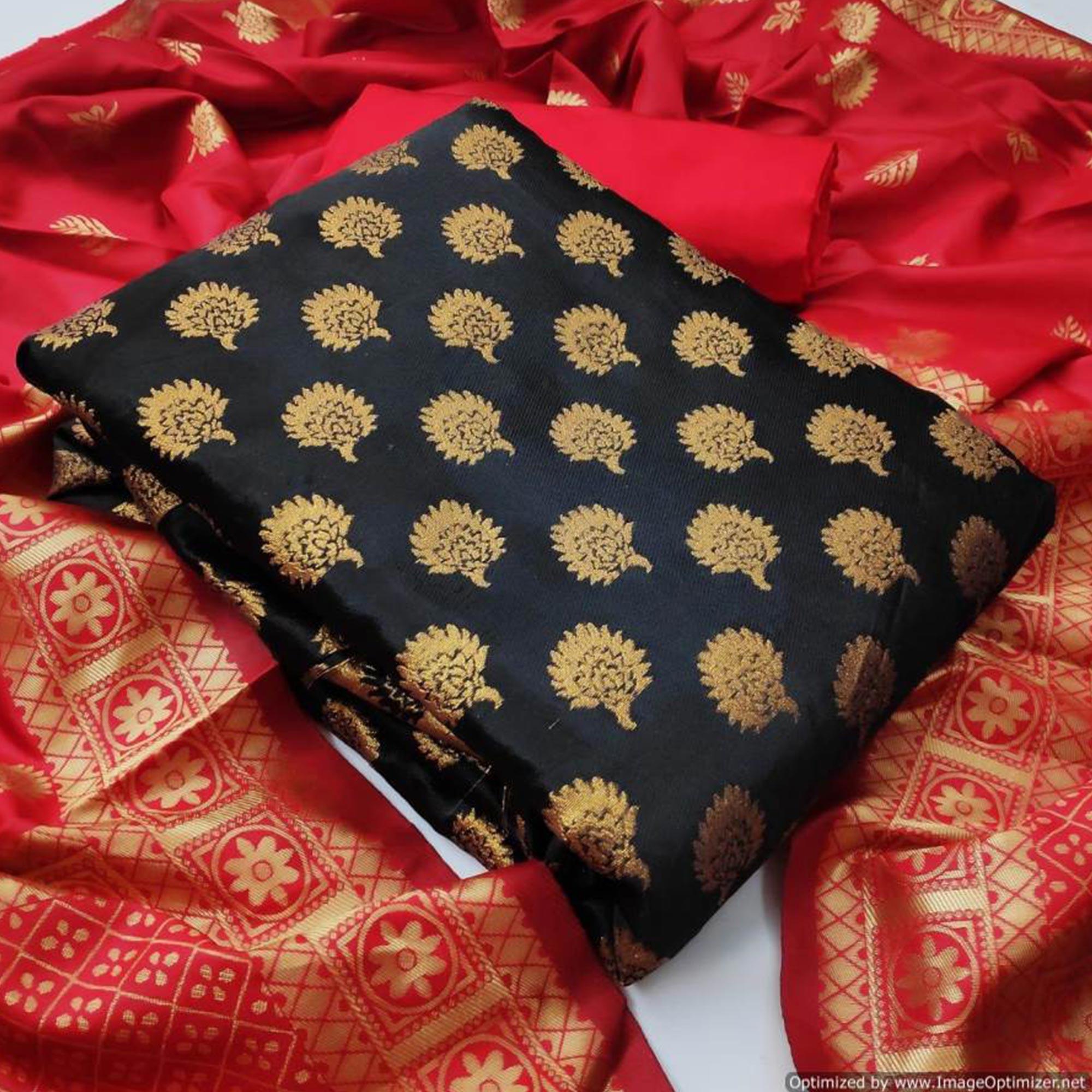 Peachmode Exceptional Black Colored Casual Wear Banarasi Silk Dress Material