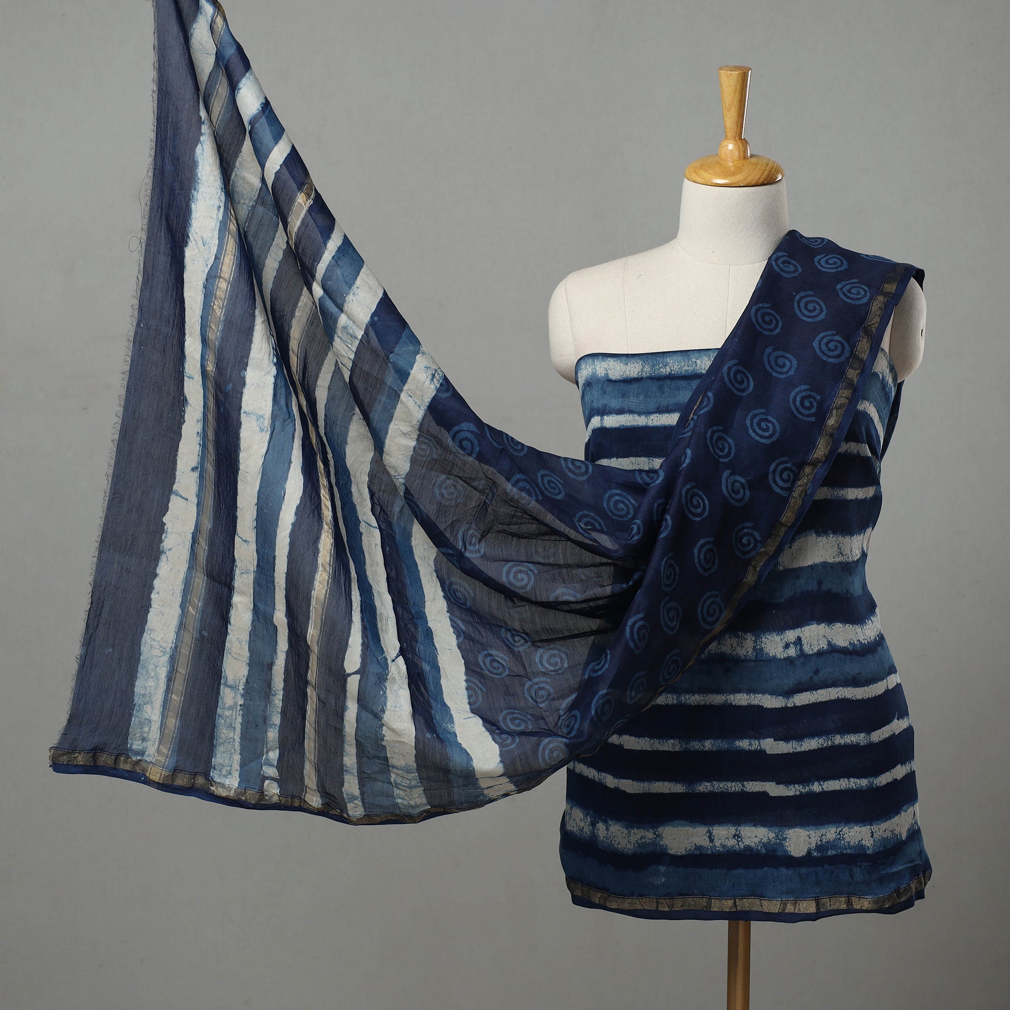 ARTISAN HAND BLOCK PRINTS Blue - 3pc Chanderi Silk Indigo Bagru Print Dress Material 01
