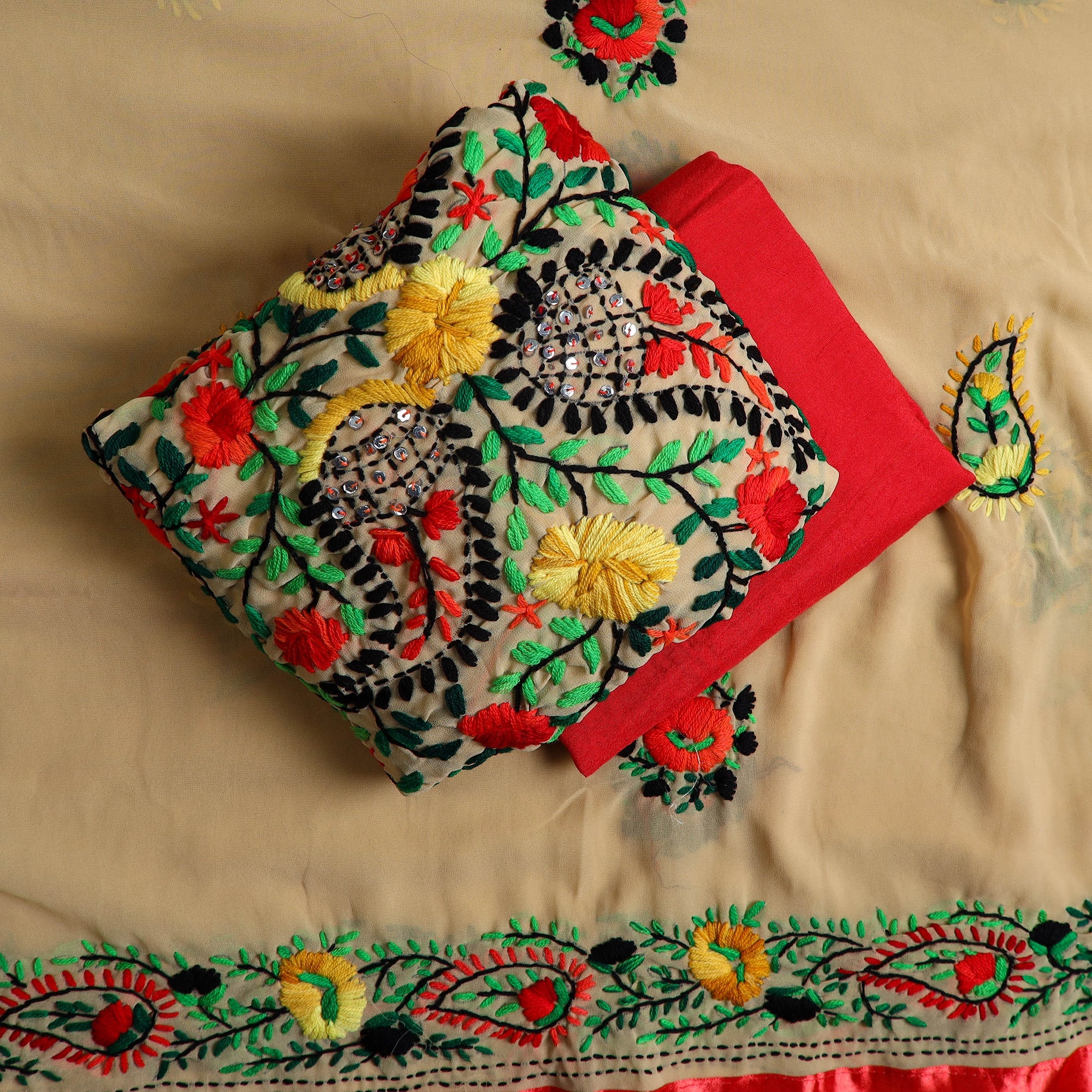 ITOKRI CRAFTS INITIATIVE Brown - 3pc Hand Embroidery Georgette Phulkari Dress Material 48 - view 2