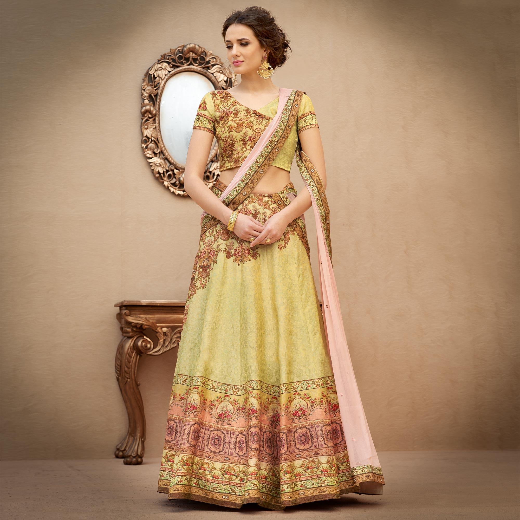 Peachmode Eye-Catching Green Colored Designer Partywear Digital Printed Woven Banarasi Silk Lehenga Choli