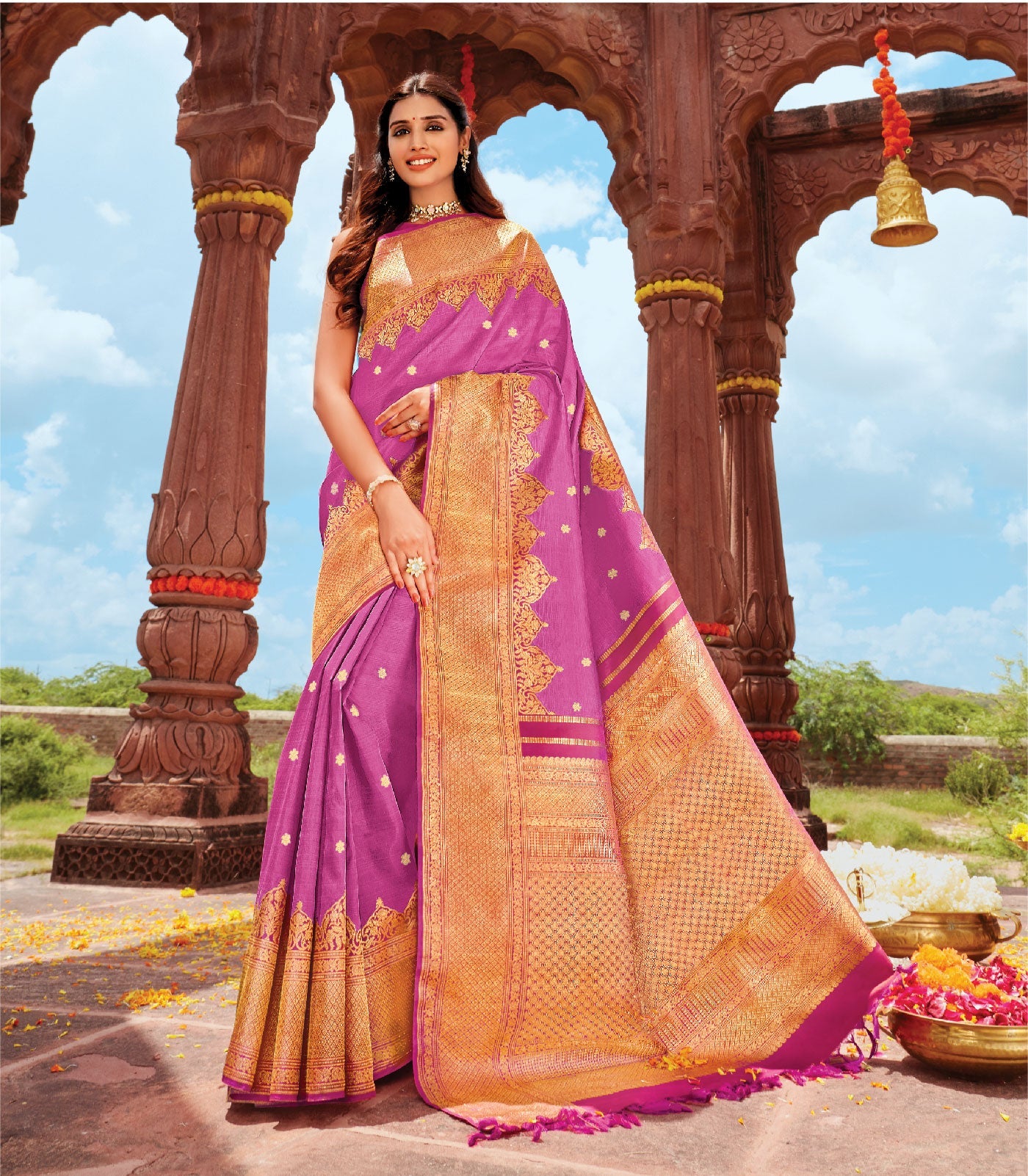 RmKV Candy Pink Handloom Korvai Silk Saree With Running Border