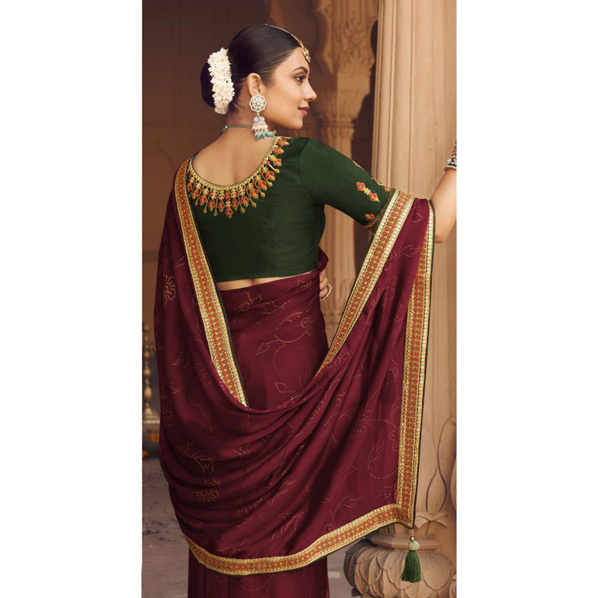Peachmode Maroon Embellished With Embroidered Border Satin Saree - view 5
