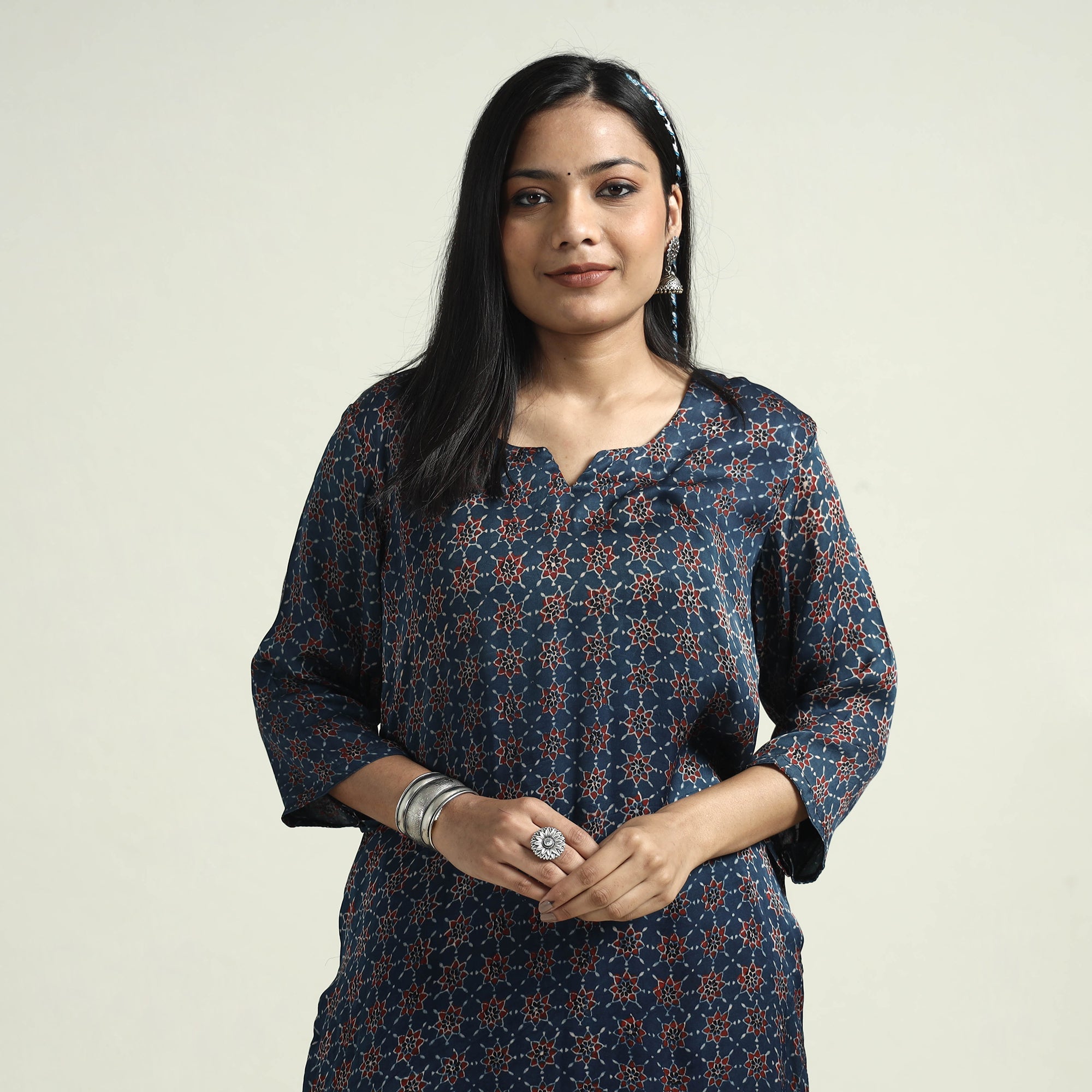 ITOKRI CASUALS Blue - Ajrakh Block Printed Modal Silk Kurta with Palazzo Set - view 2
