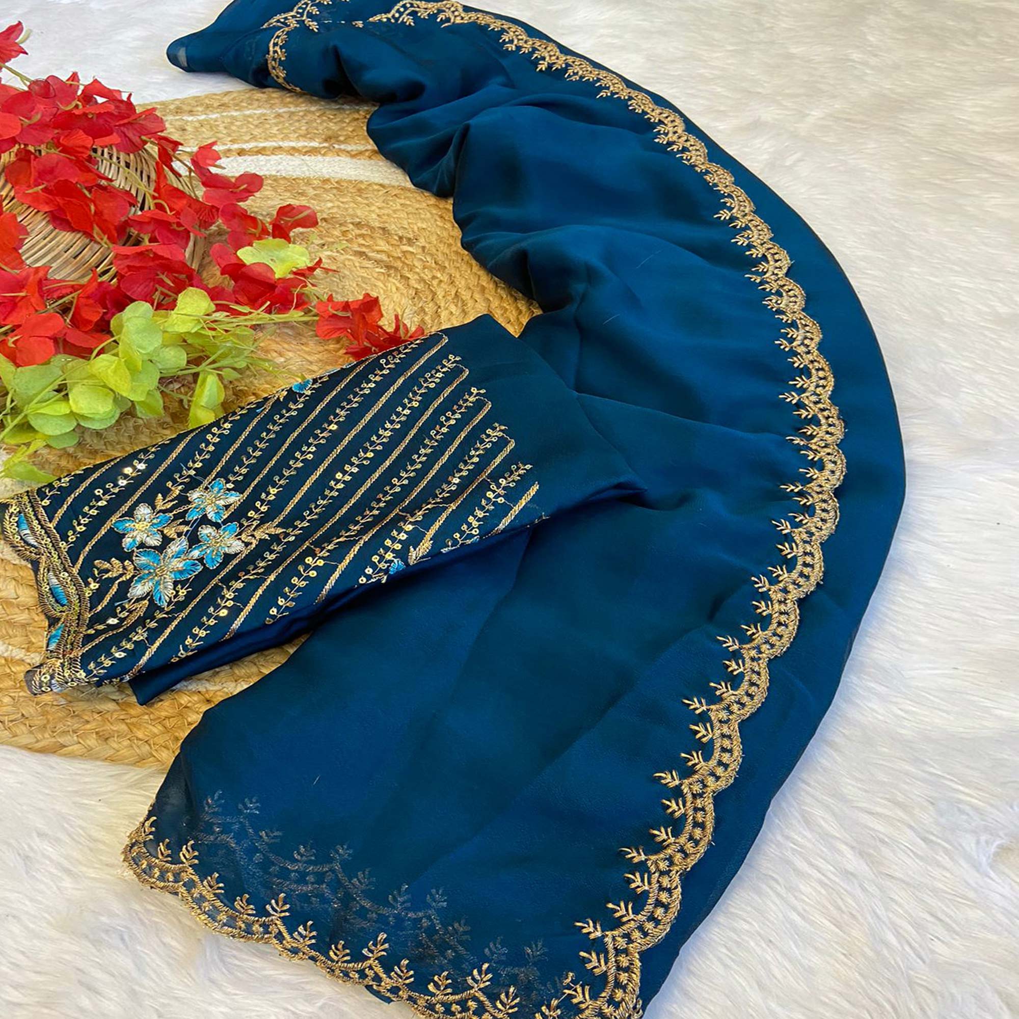 Peachmode Morpich Blue Zari Embroidered Organza Saree
