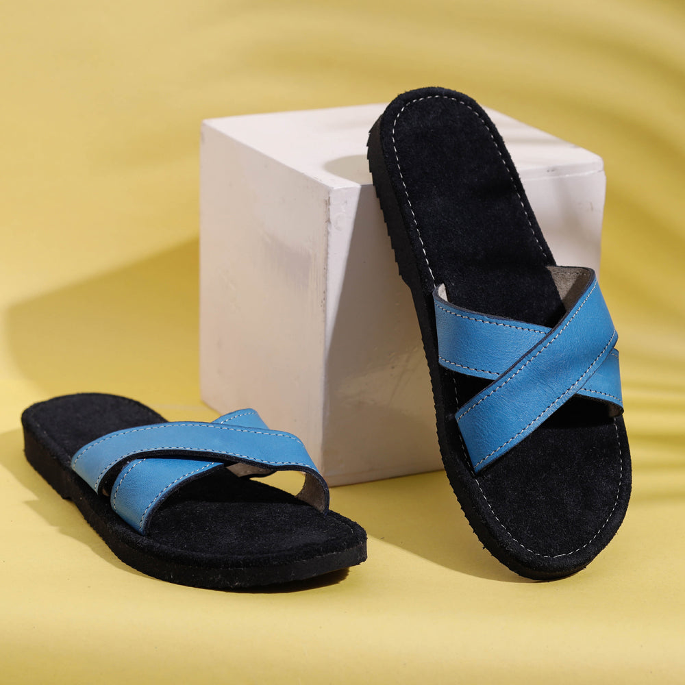 AASAI HANDICRAFT FOOTWEAR AUROVILLE Black & Blue Handcrafted Women's Leather Slippers with Suede