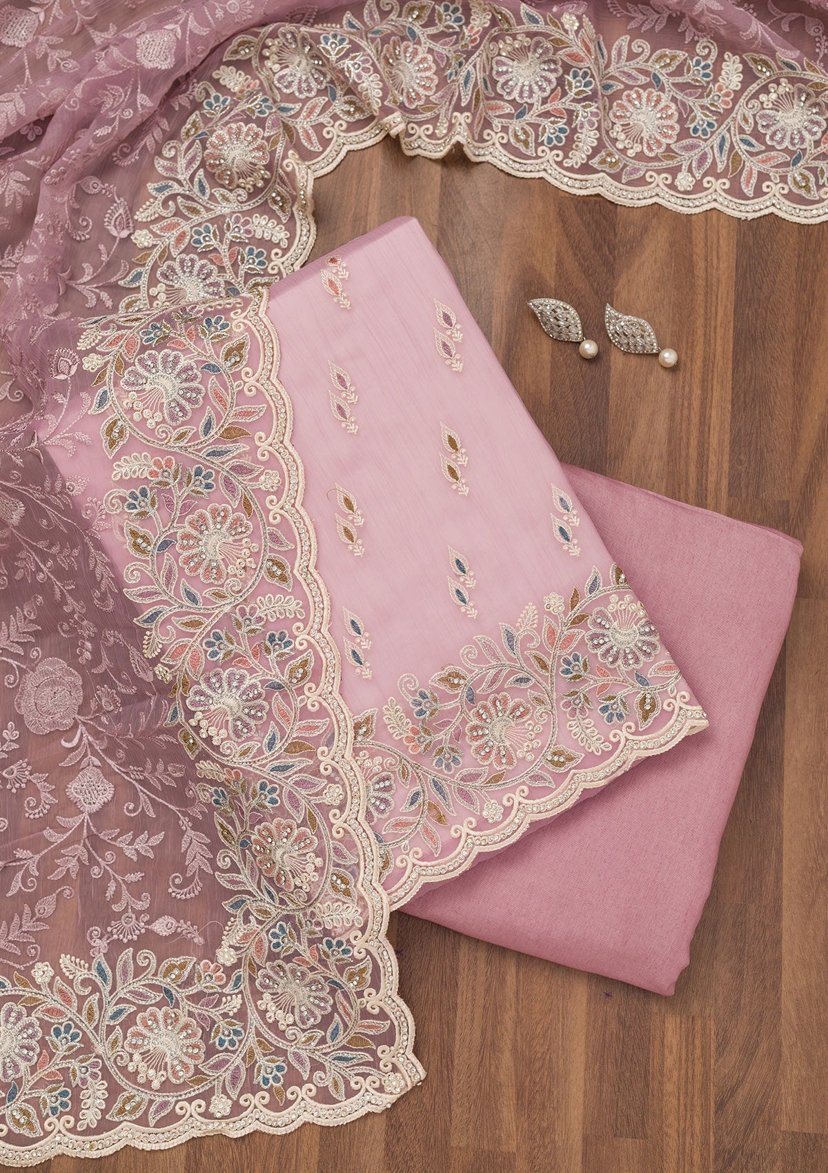 Koskii Lavender Chiffon Semi Crepe Unstitched Salwar Suit