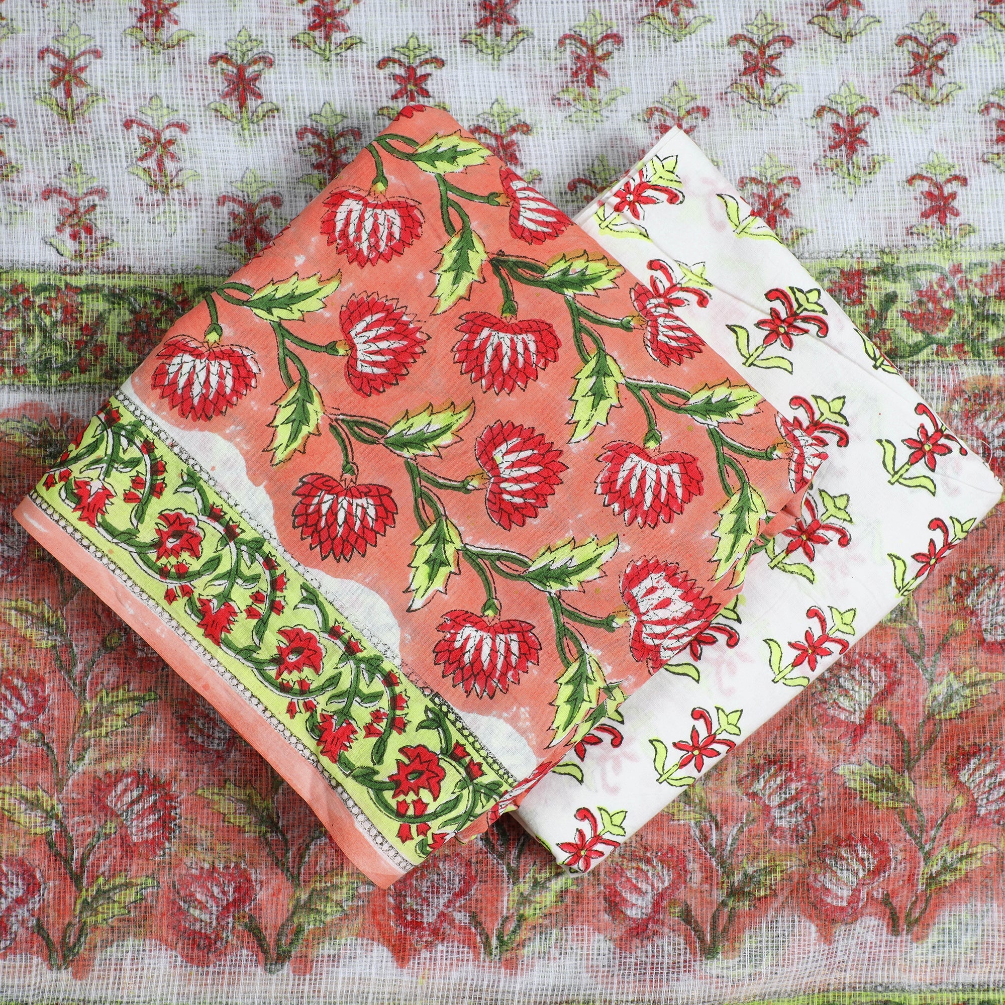 KUSUMLATA 3pc Sanganeri Block Printed Cotton Suit Material with Kota Doria Dupatta 17 - view 2