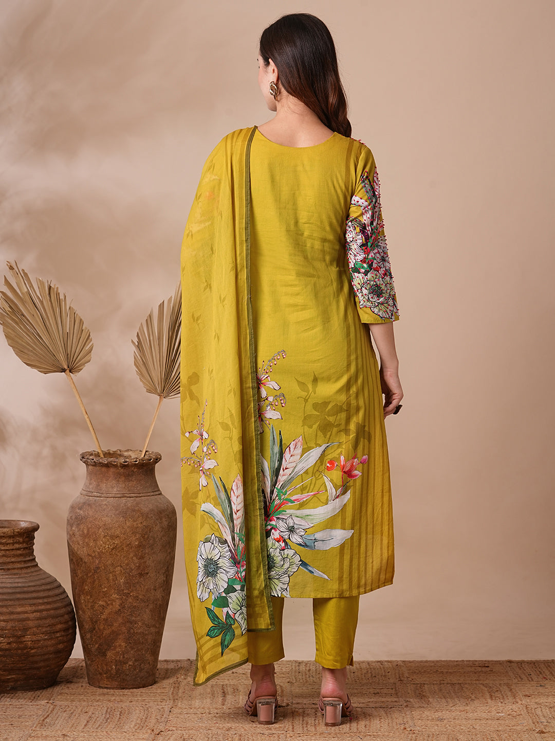 Fashor Floral Printed & Embroidered Straight Kurta with Pant & Dupatta - Lime Green - view 6