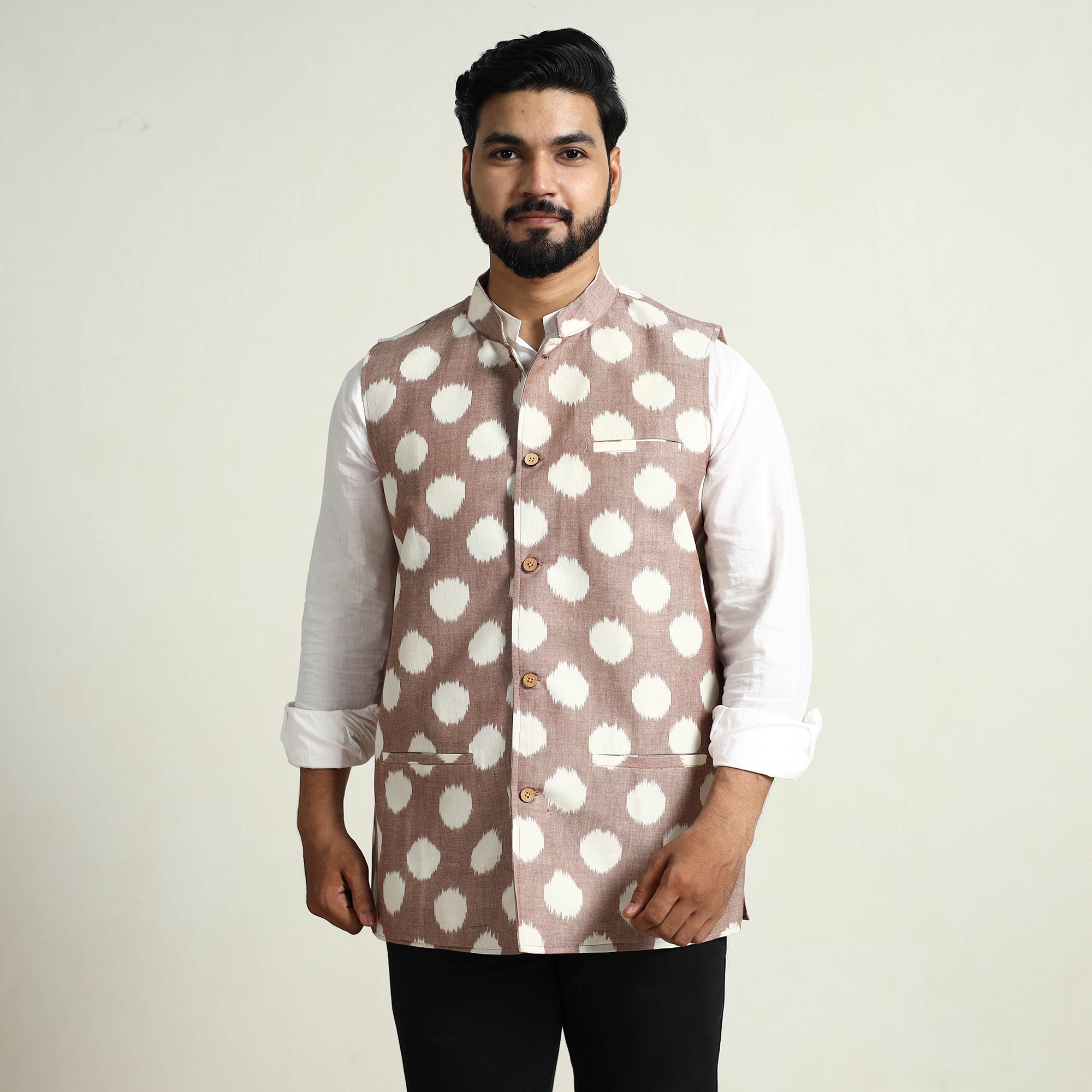 ITOKRI CASUALS Brown - Pochampally Double Ikat Handloom Cotton Men Nehru Jacket 05