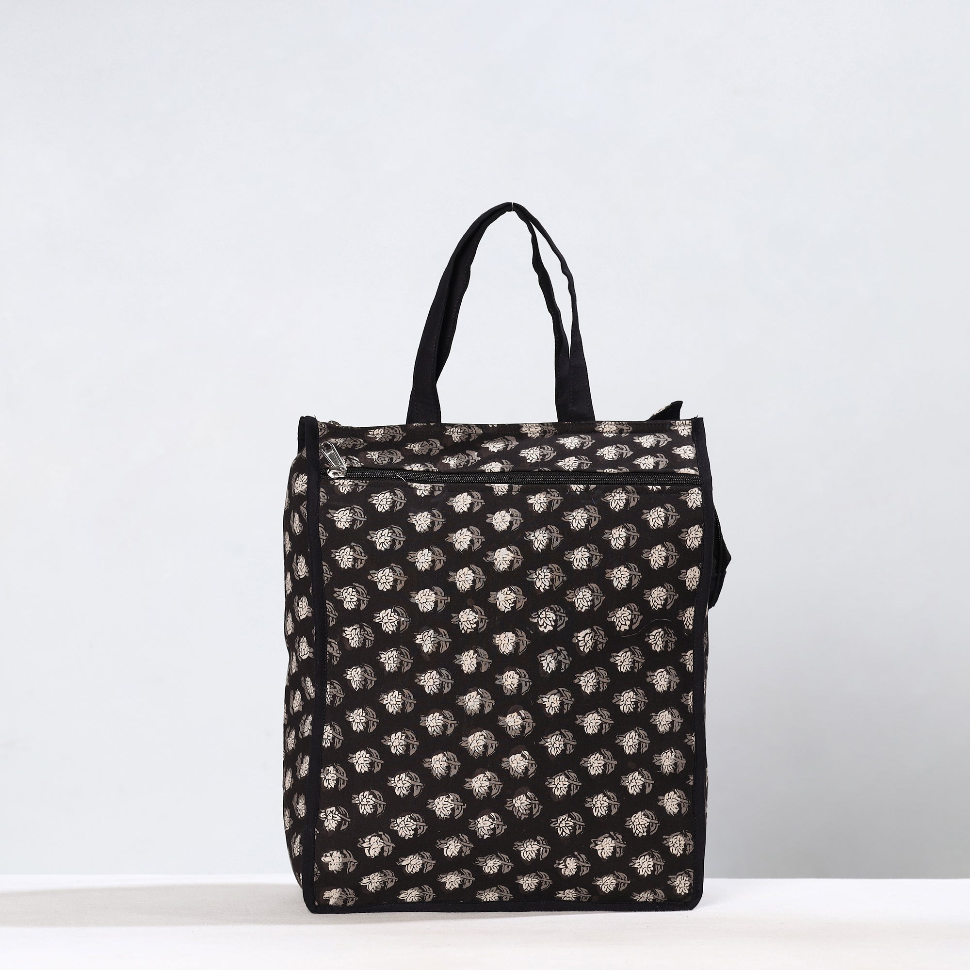 NOORI BAZAR Black - Handmade Bagru Block Printed Cotton Shopping Bag 03