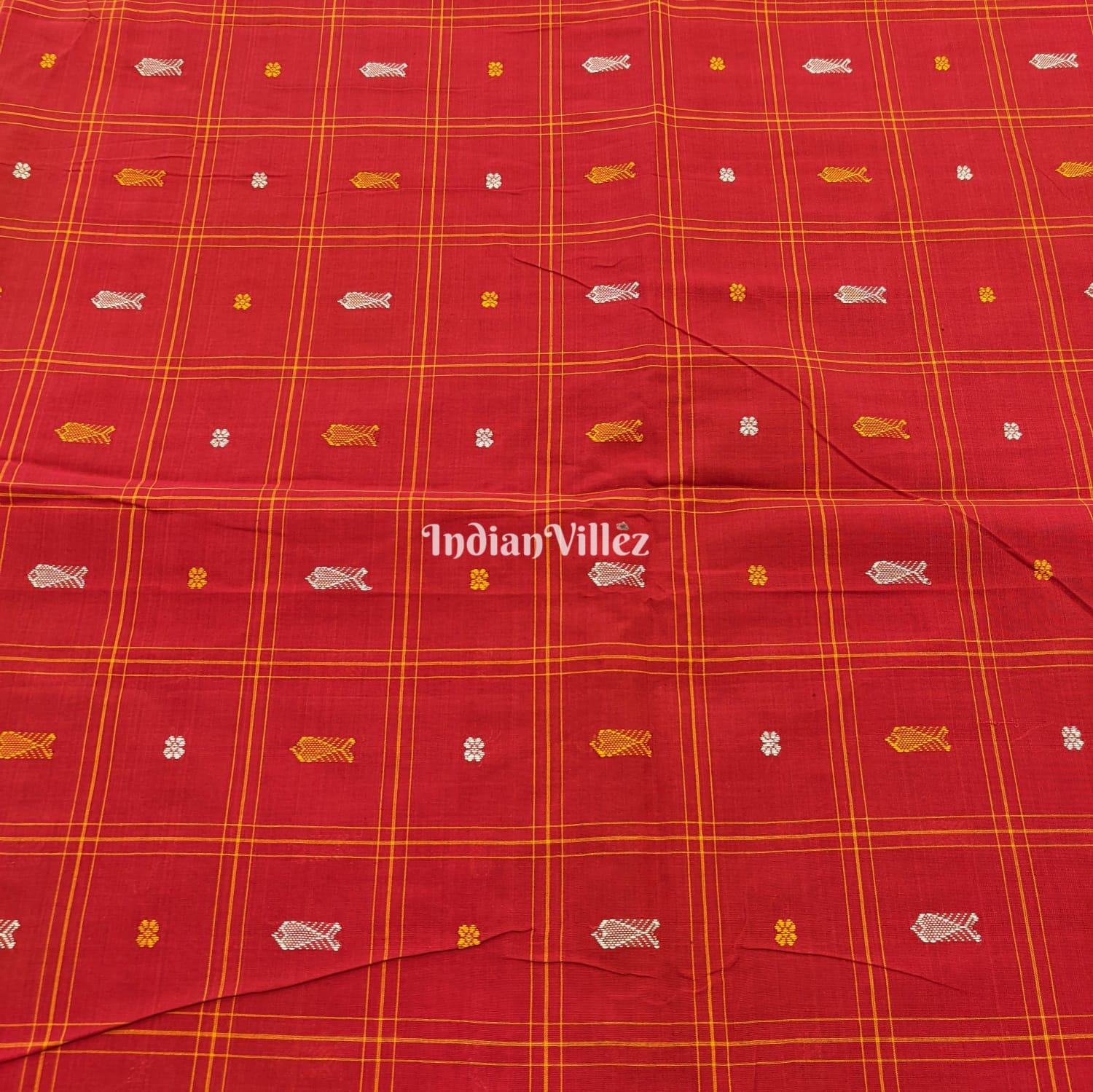 IndianVillèz Red Fish & Flower Motif Odisha Ikat Bomkai Cotton Fabric - view 2