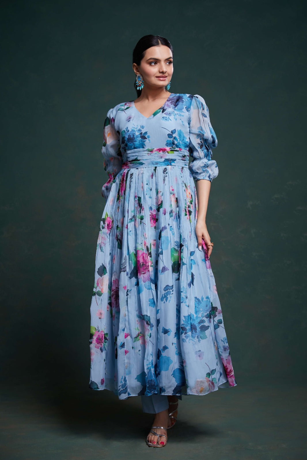 ClothsVilla Blue Organza Dress with Stylish Prints – Ready to Wear