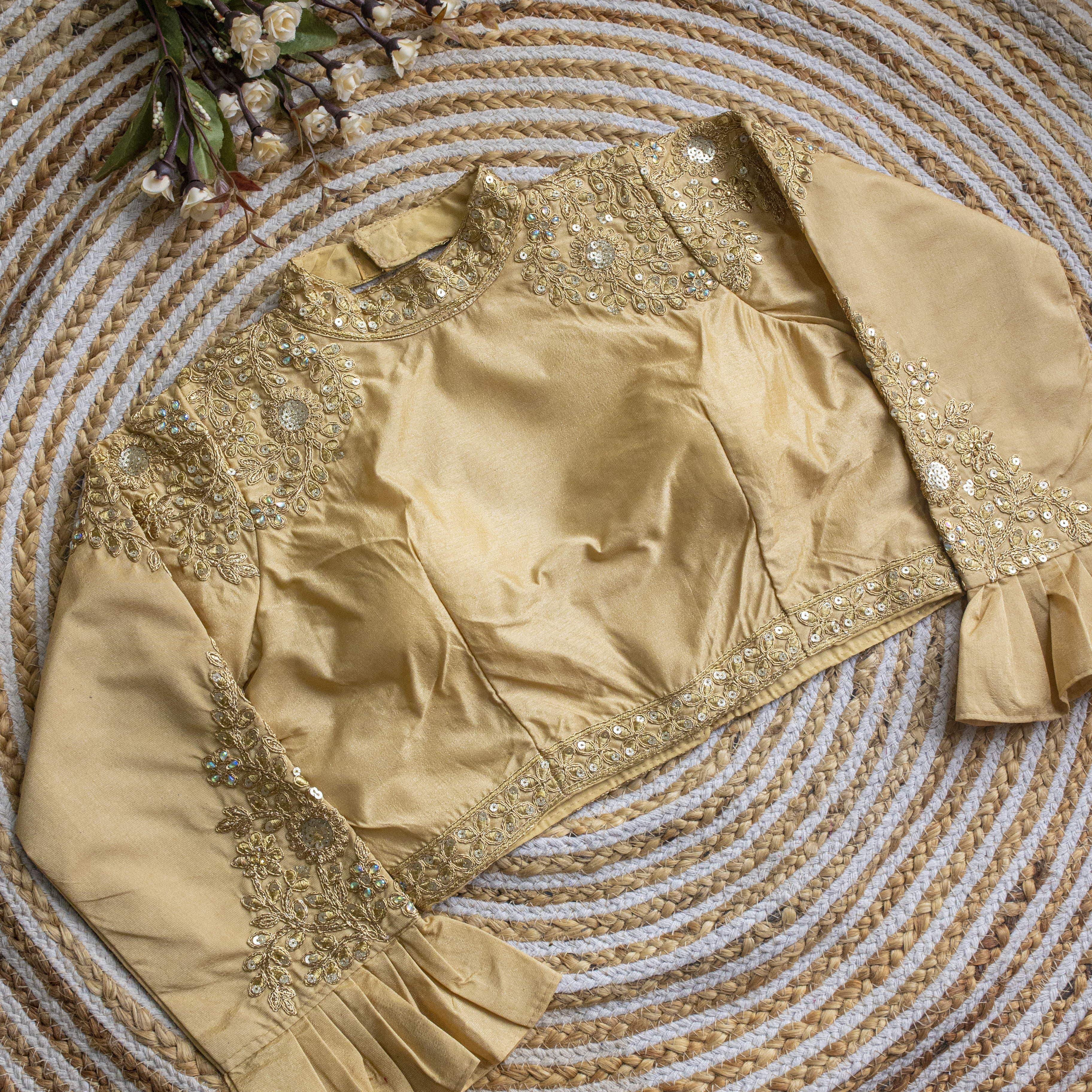 ClothsVilla Beige Color Golden Sequence Embroidered Blouse in glossy silk