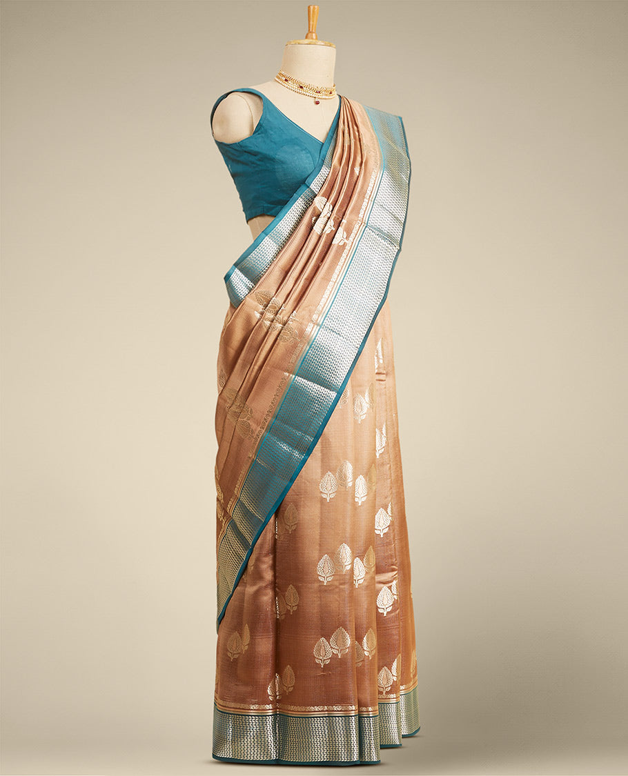 Pothys Multi-color jaal Mysore silk saree with zari design, contrast traditional zari border of floral enclosed paisleys - view 2