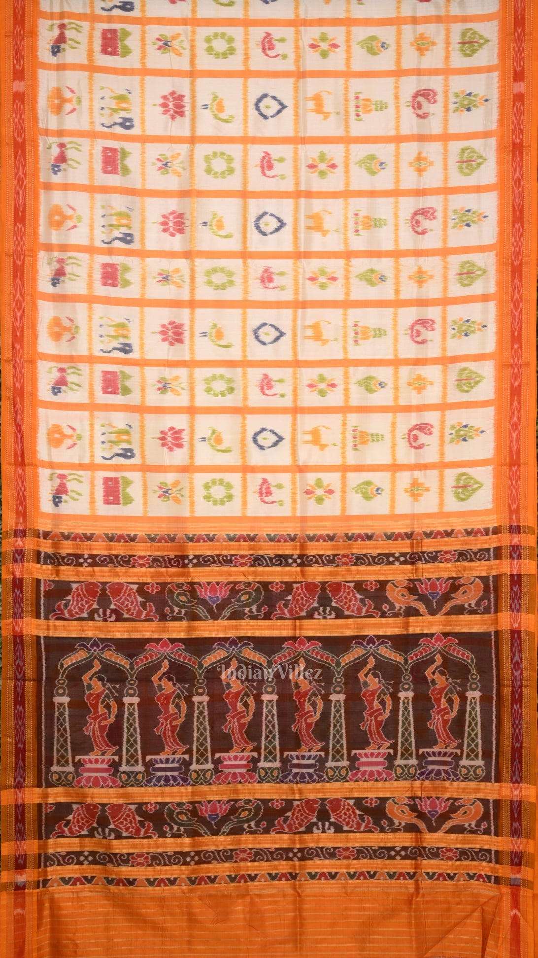 IndianVillèz White Yellow Nabakothi Odisha Ikat Khandua Silk Saree with Nartaki Anchal
