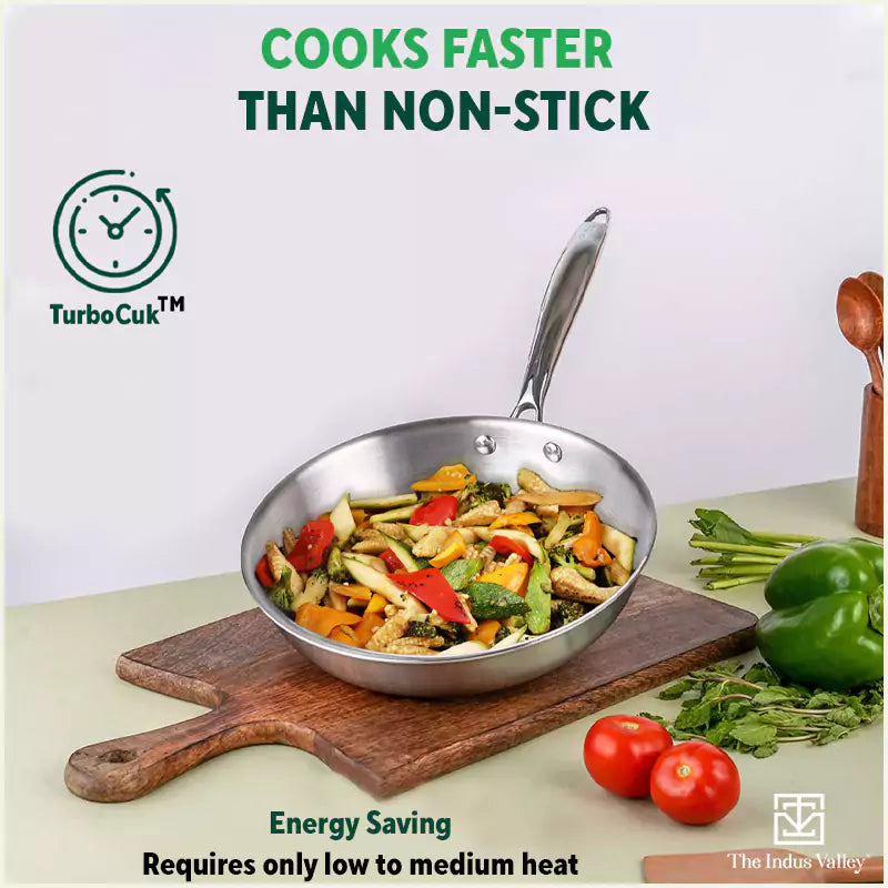 The Indus Valley TurboCuk Tri-ply Stainless Steel Fry Pan, Premium 3 Layer Thick Body, Induction, Non-stick, 23.4/25.4/28 cm, 1.5/1.7/1.9L - view 8