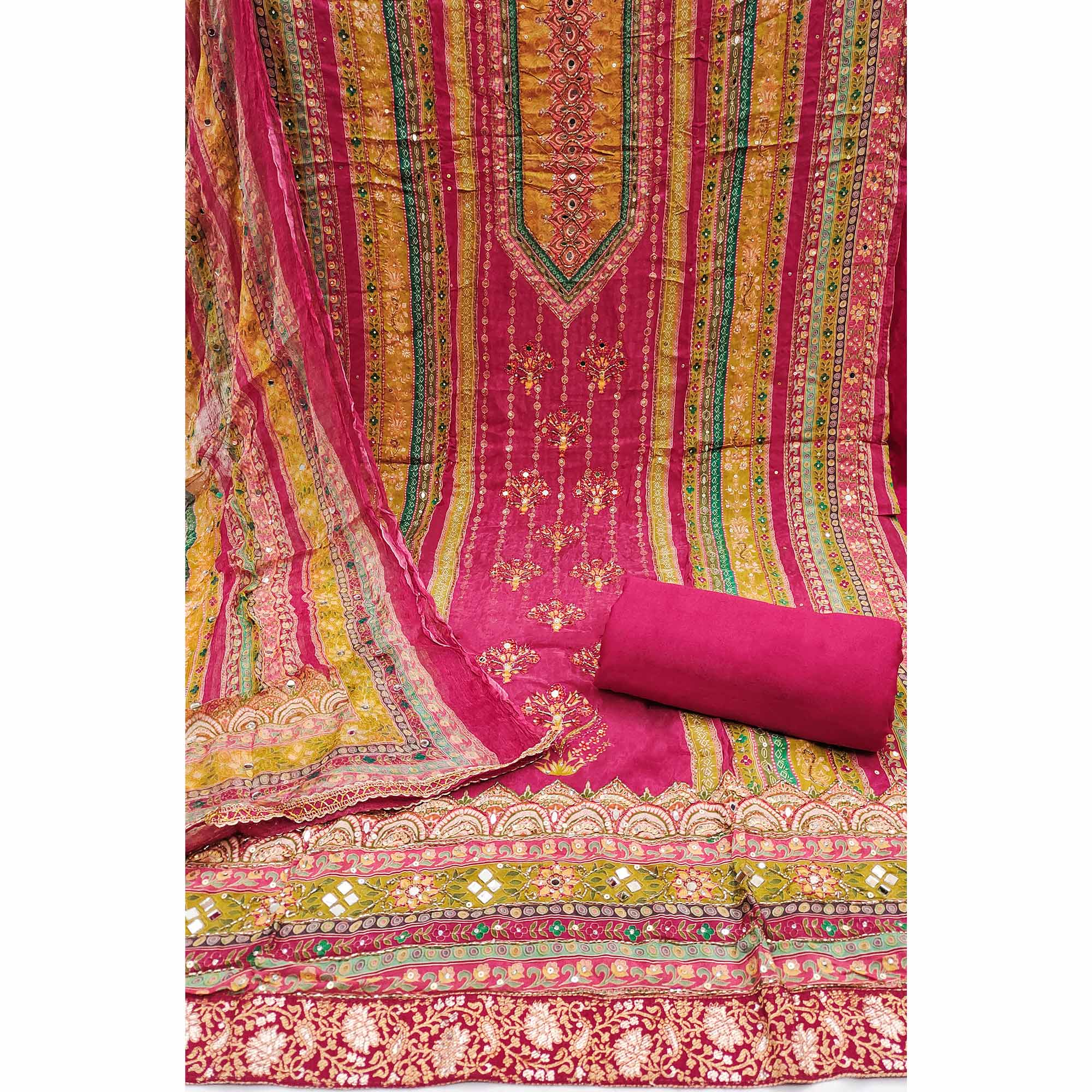 Peachmode Pink Embroidered With Printed Work Crepe Dress Material - view 3