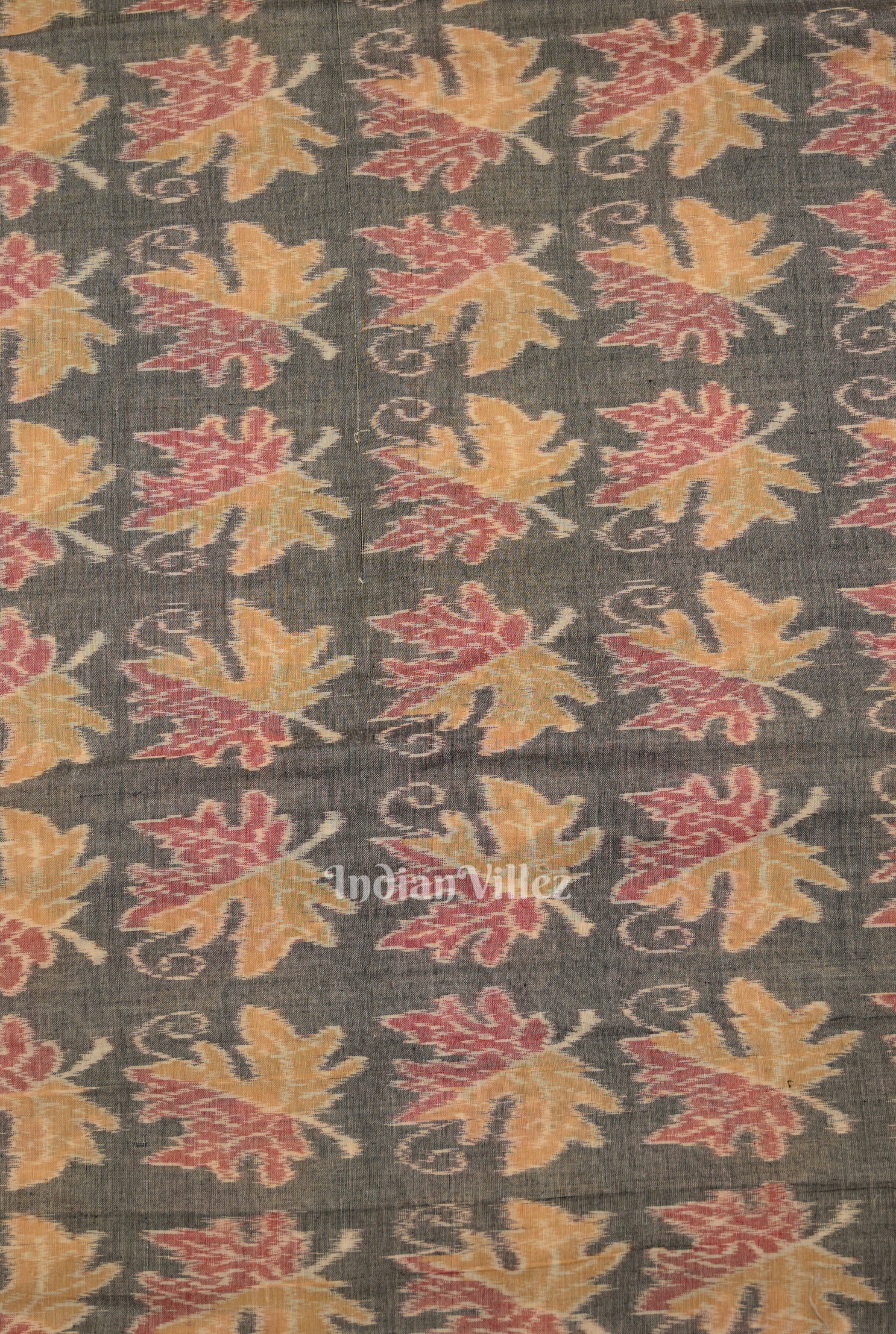 IndianVillèz Ash Gray Autumn Leaves Sambalpuri Odisha Ikat Cotton Fabric - view 3