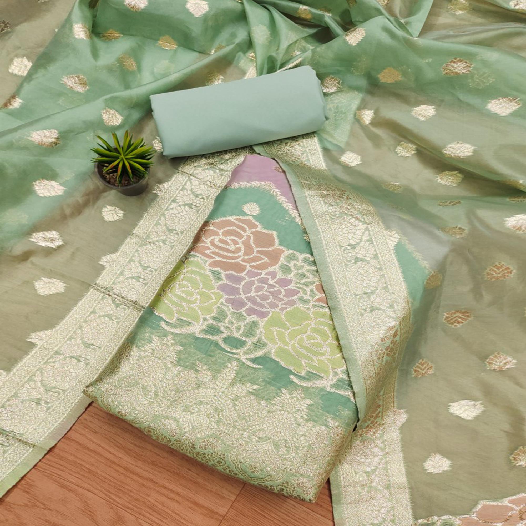 Green dress materials (unstitched) – BlackTree green-floral-woven-organza-dress-material-8