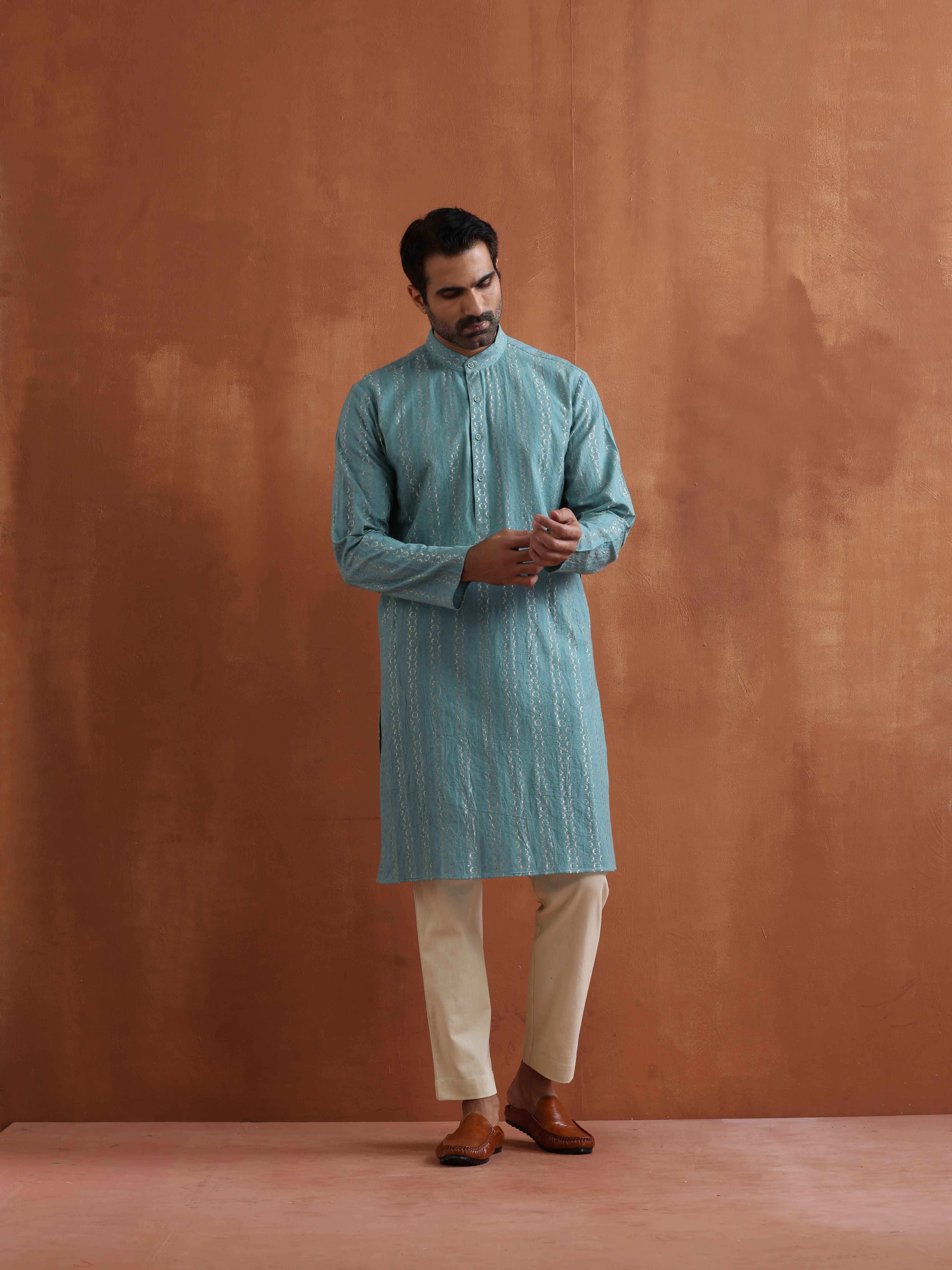 trueBrowns Men's Green Textured Cotton Dobby Kurta - view 7