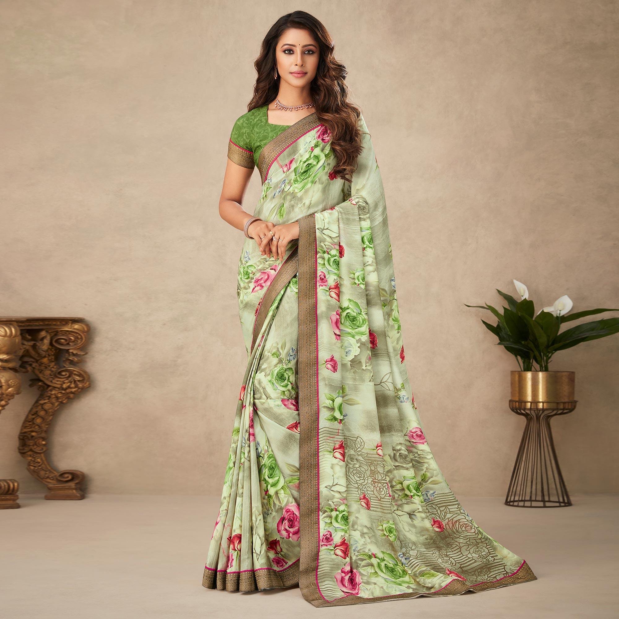 Peachmode Light Pista Green Floral Printed Art Silk Saree