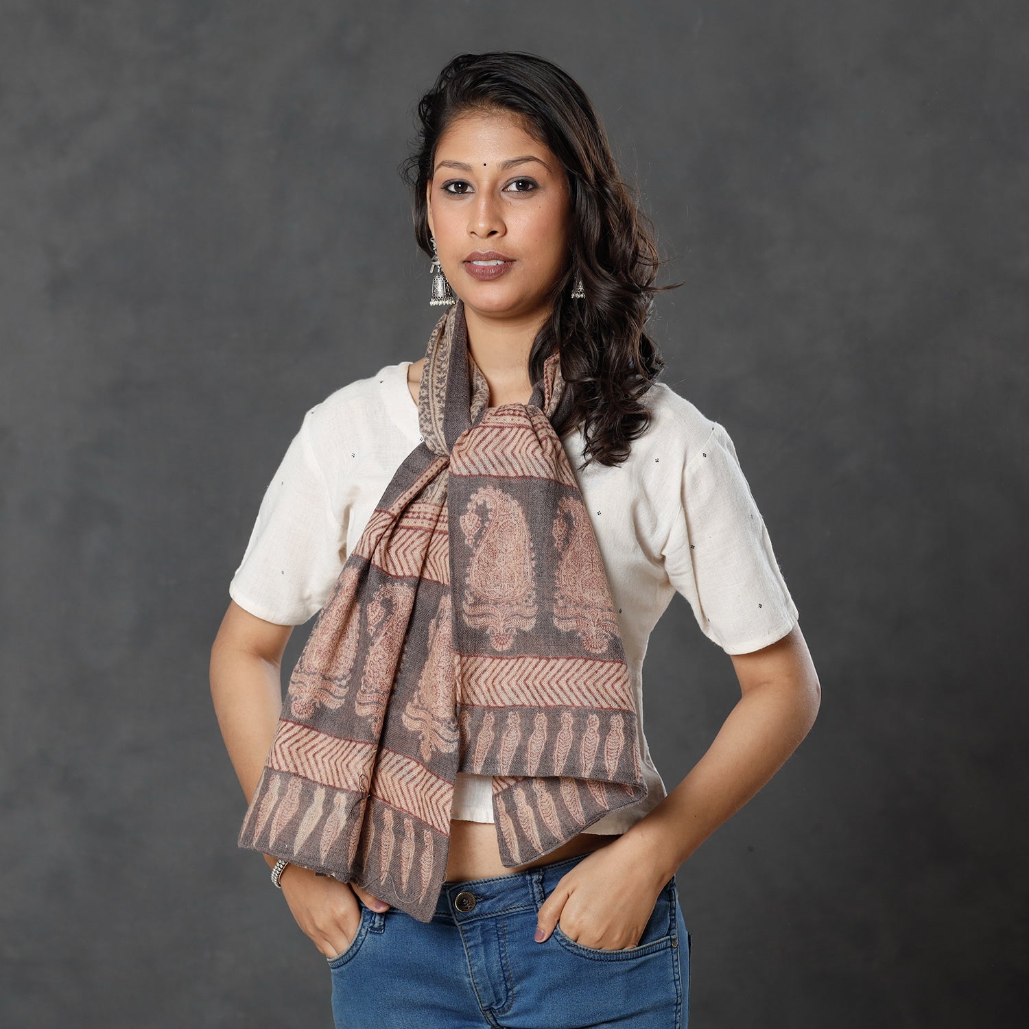 BAGH PRINTS BY MOHAMMED BILAL KHATRI Beige - Bagh Block Printed Natural Dyed Woolen Muffler (61 in)