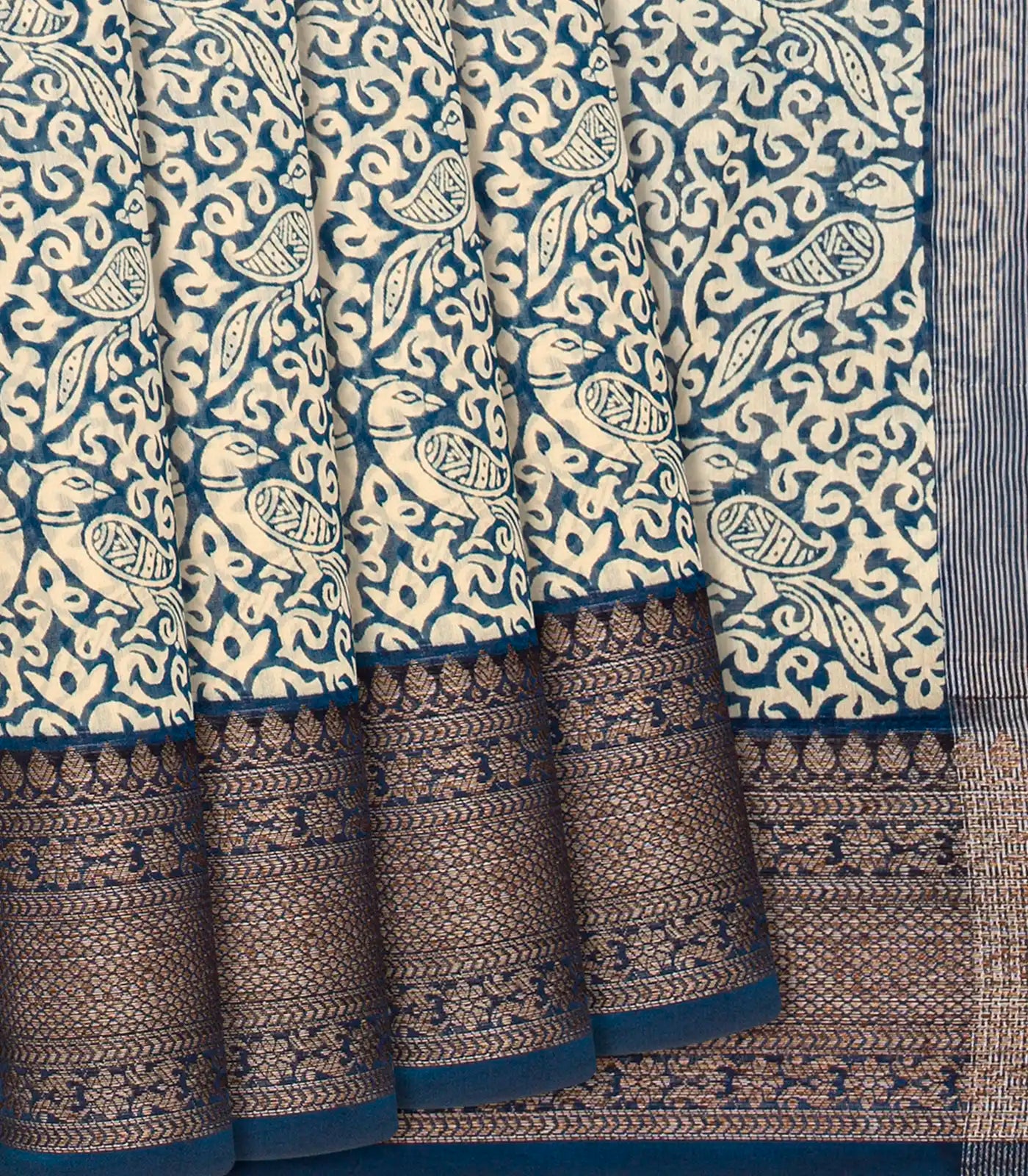 RmKV Blue Chanderi Cotton Saree Printed With Peacock Motifs-Blue