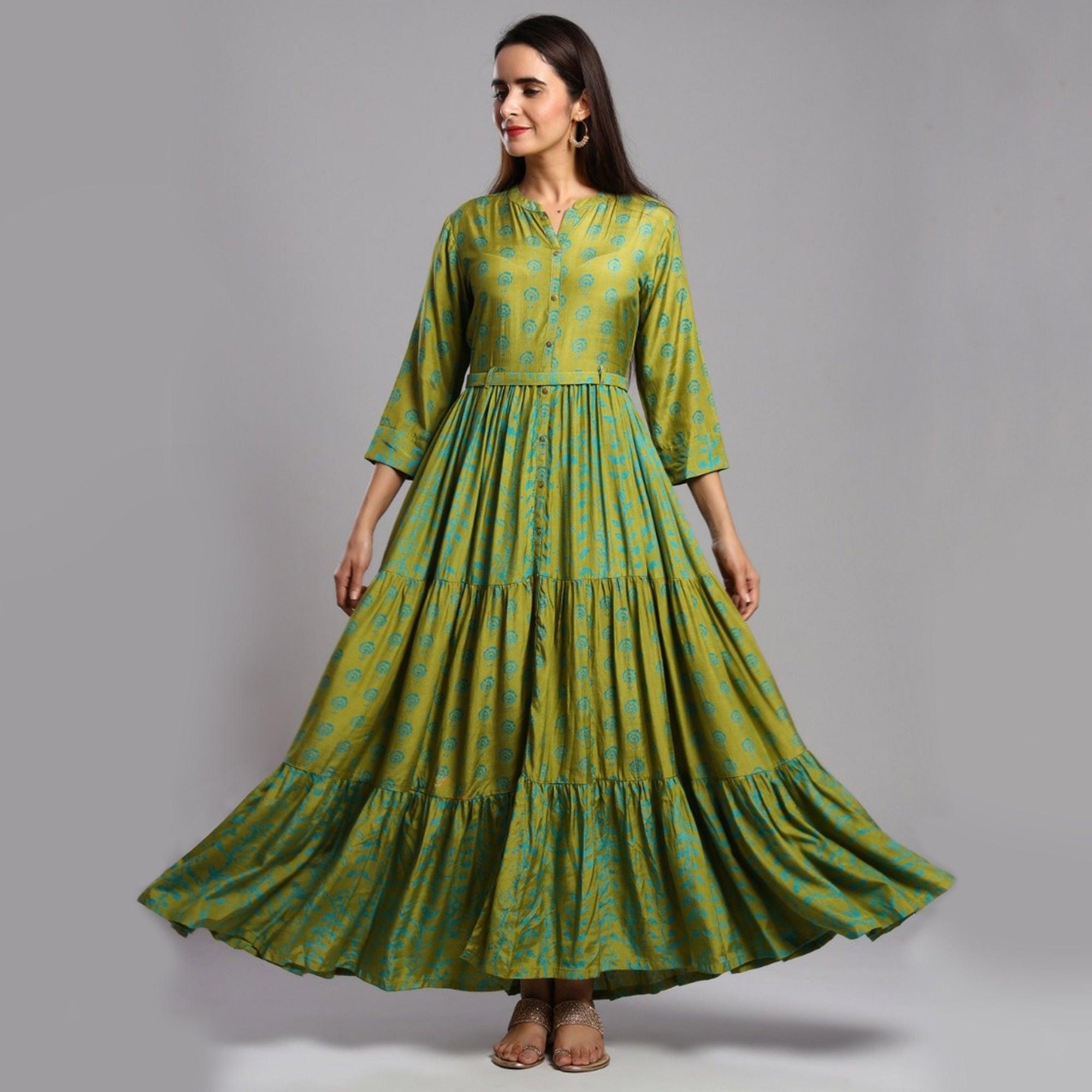 Peachmode Exceptional Green Colored Partywear Printed Anarkali Style Cotton Silk Long Kurti - view 2