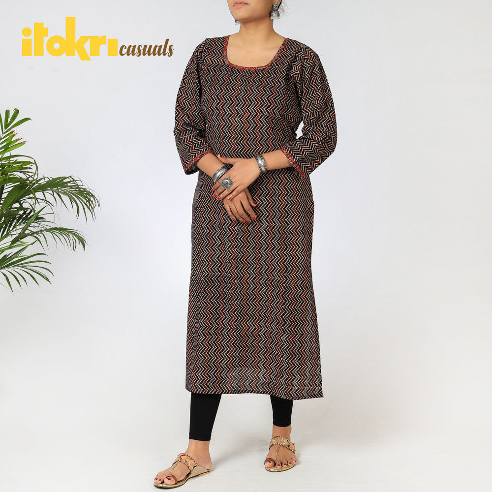 ITOKRI CASUALS Black - Ajrakh Block Printing Cotton Long Kurta
