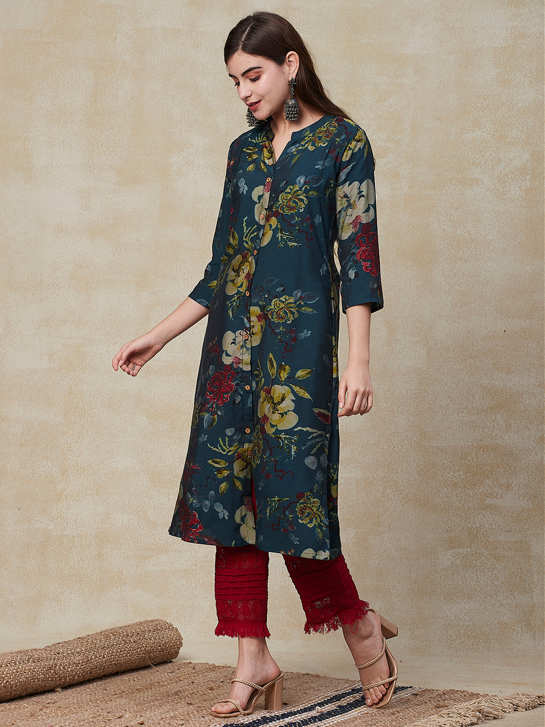 Fashor Floral Printed Wooden Buttoned A-line Kurta - Green - view 3