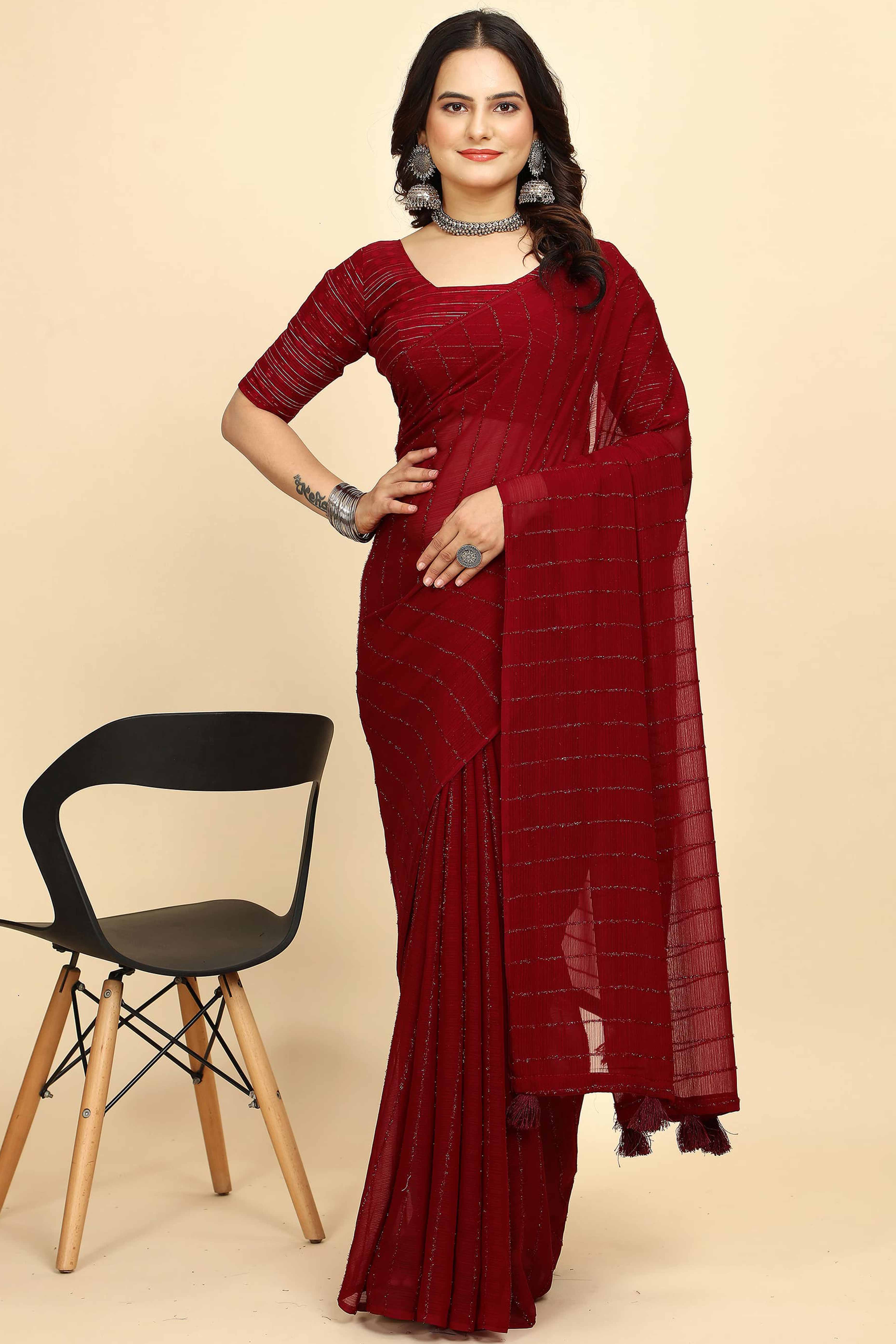 Peachmode Dark Red Striped Zari Woven Chiffon Saree With Tassels