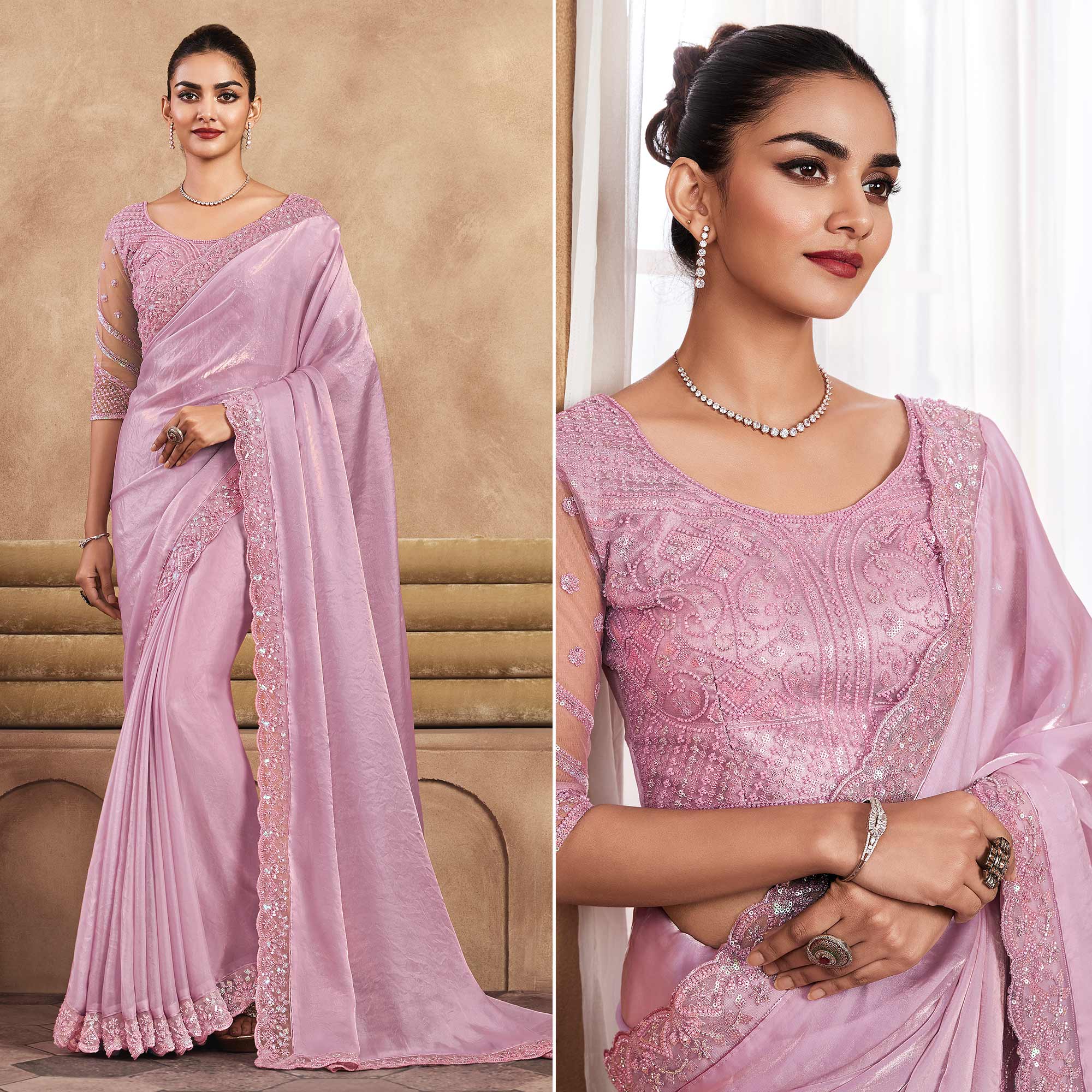 Peachmode Light Pink Sequins Embroidered Satin Silk Saree