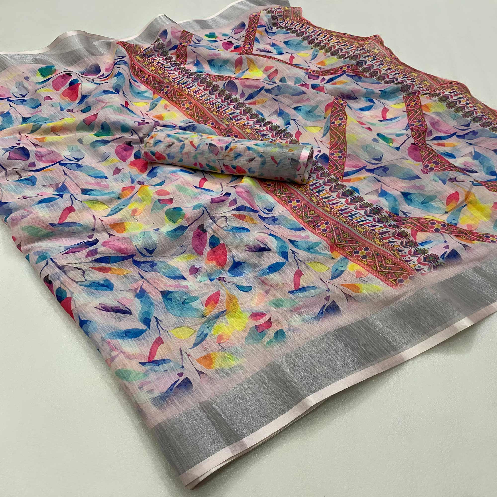 Peachmode Light Pink Printed Soft Linen Saree - view 3