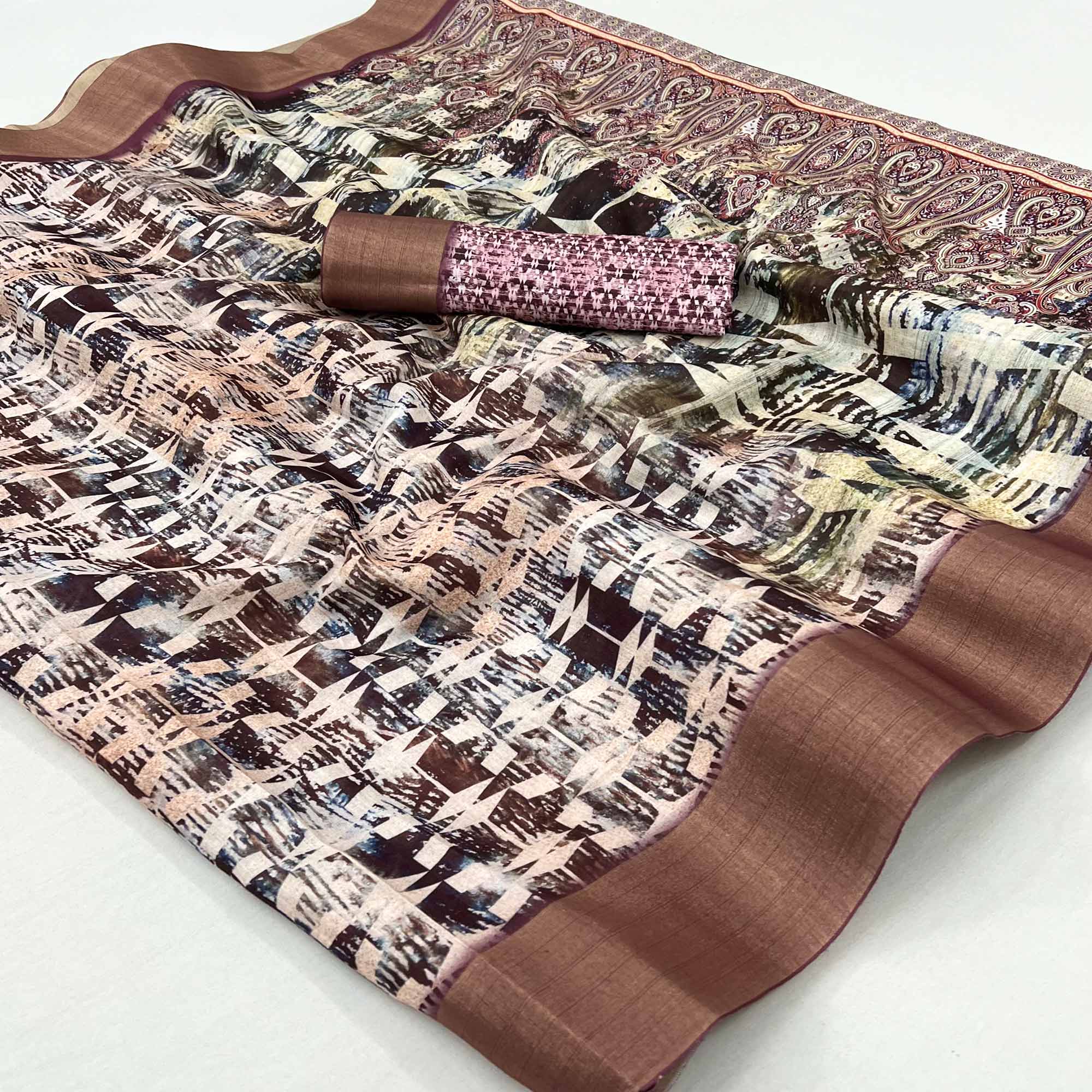 Peachmode Brown Digital Printed With Woven Border Cotton Silk Saree