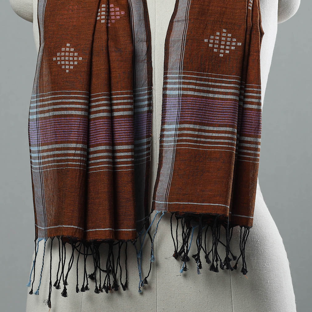 KHUSHBASH - HAPPY LOOM OF EAST Brown - Burdwan Jamdani Cotton Handloom Stole with Tassels 15 - view 3