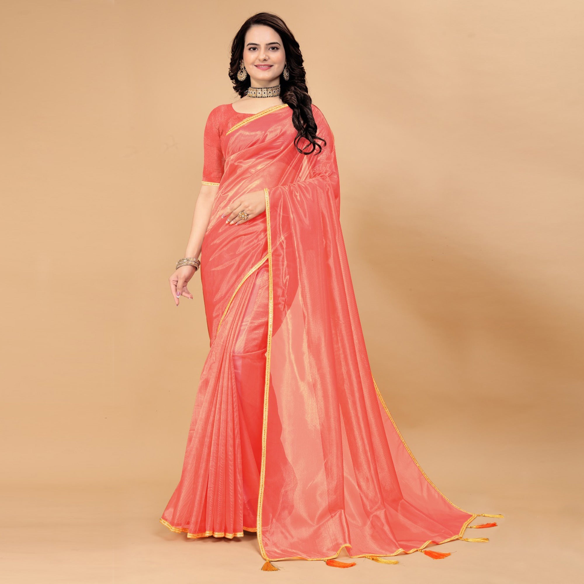 Peachmode Dark Peach Solid Nylon Saree With Lace Border - view 2