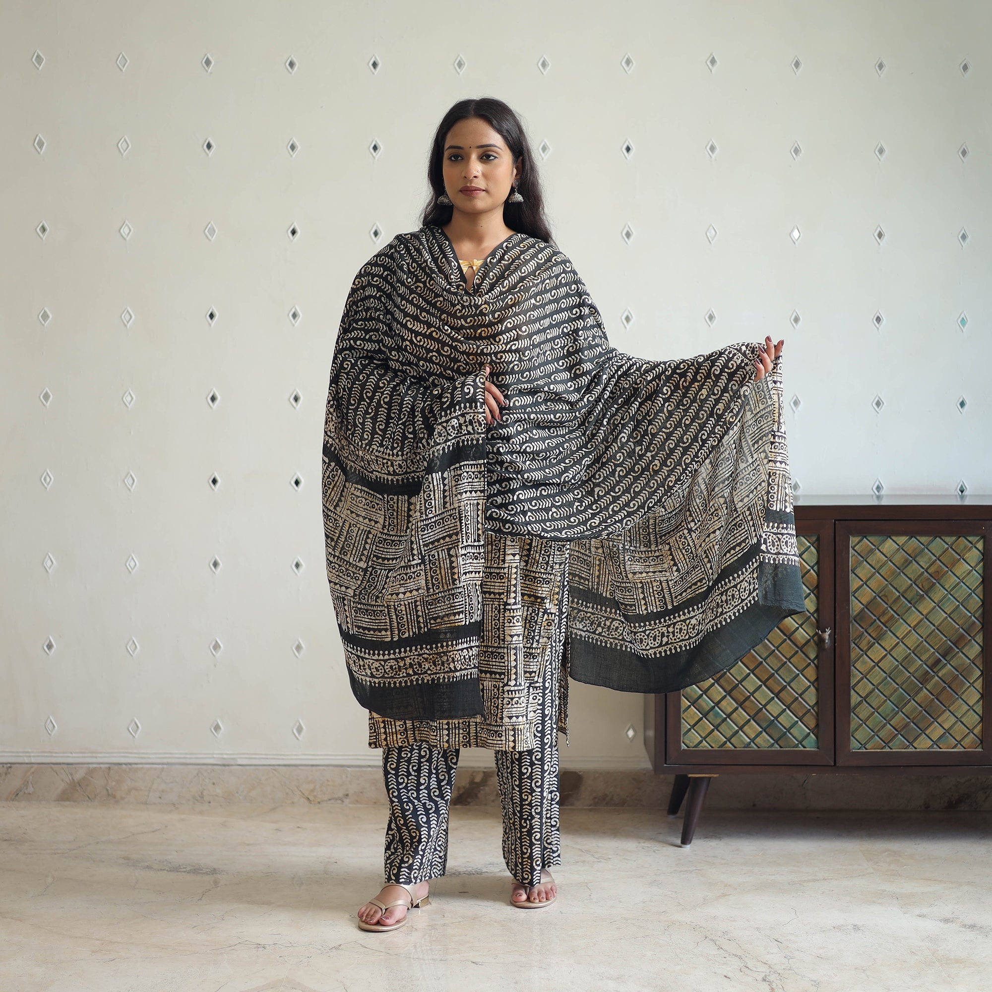 ITOKRI CASUALS Black - Batik Print Cotton Kurta with Palazzo & Dupatta Suit Set 12 - view 2