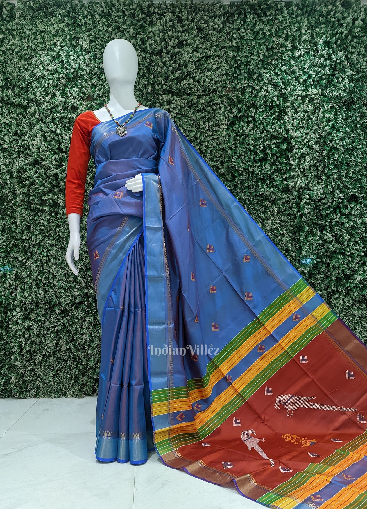 IndianVillèz Ocean Blue Red Pure Bishnupuri Silk Saree