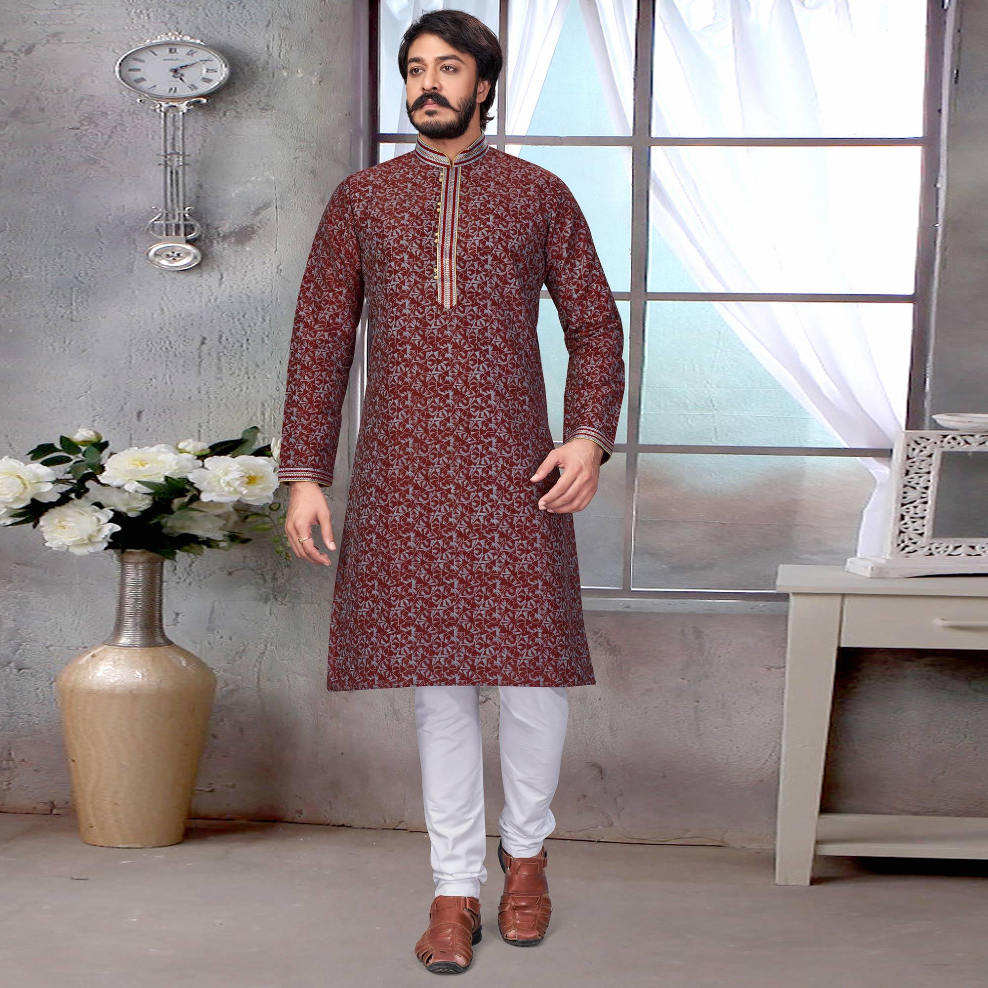 Peachmode Seller Maroon Printed Jacquard Kurta Pyjama Set - view 2