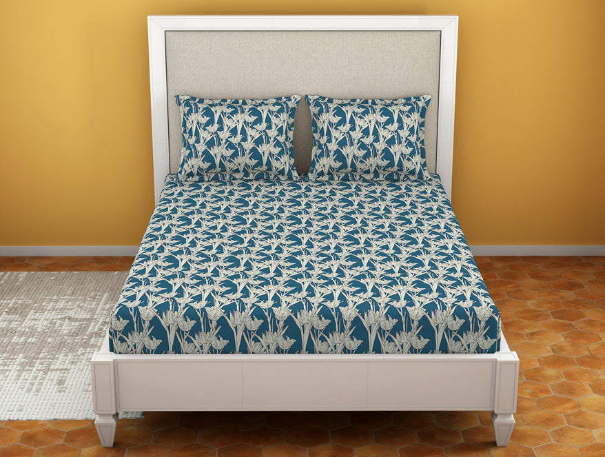 Spaces India Floral Blue Sapphire - Dark Blue Microfiber Double Bedsheet - Dazzle By Welspun